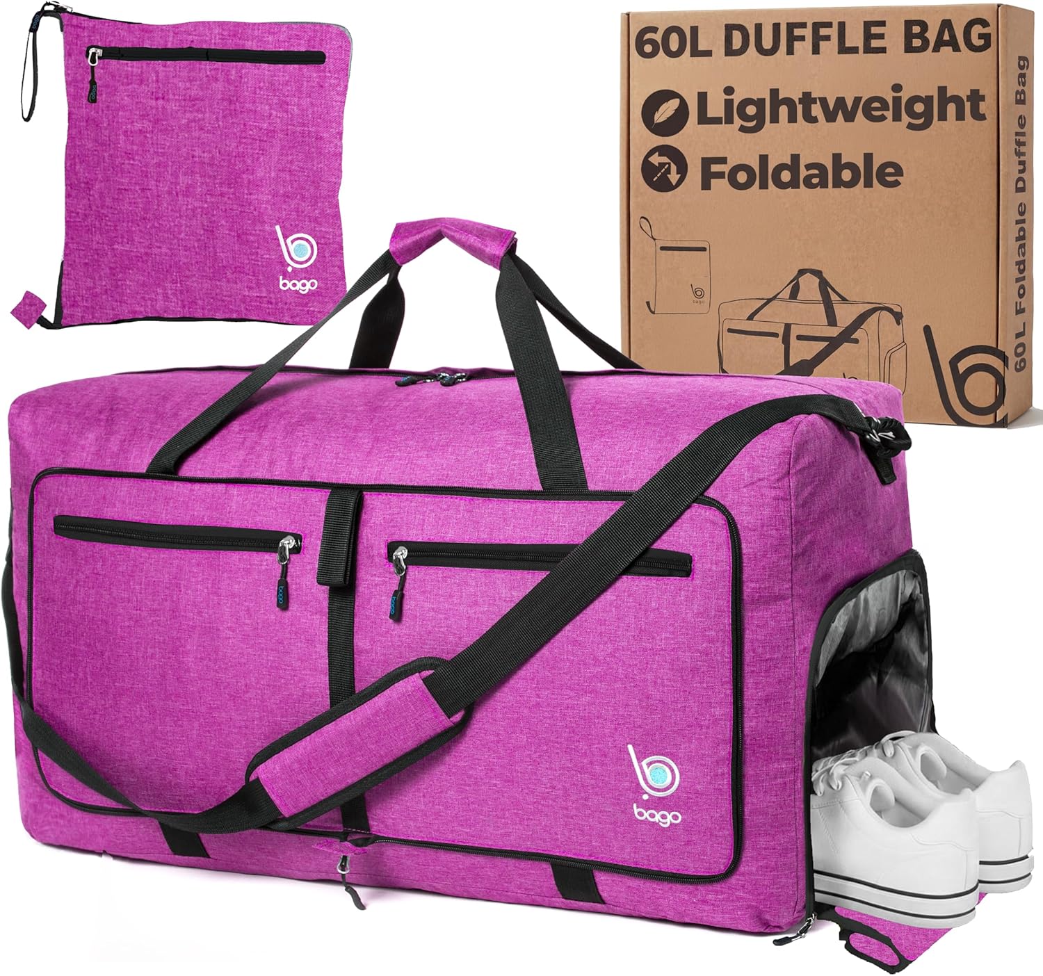Bago Medium Duffle Bag for Travel Women & Men. Durable Lightweight Foldable Travel Duffel Bags For Traveling Women. 60L Duffle Bags For Overnight Bag With Shoe Compartment Collapsible Weekender duffel