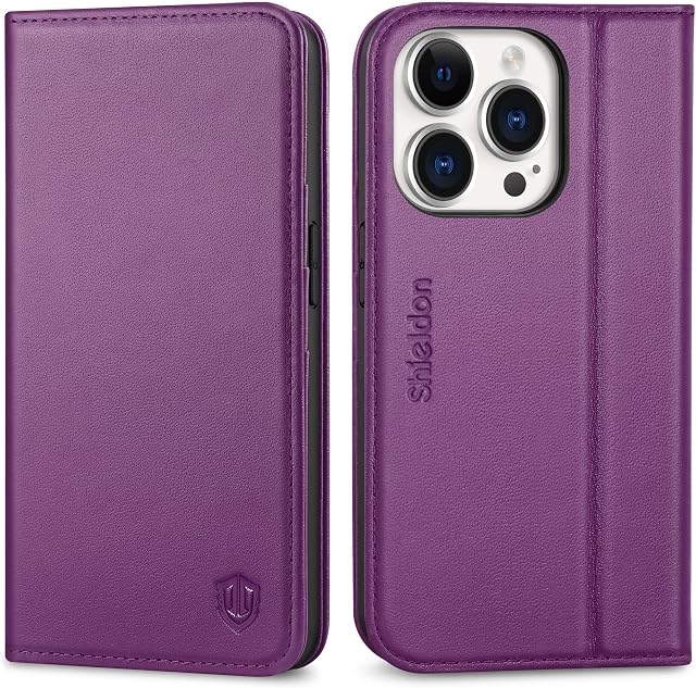 SHIELDON Case for iPhone 14 Pro 5G 6.1" 2022, Genuine Leather Folio Wallet Case with [Kickstand][RFID Blocking][Card Slots][Magnetic] Protective Flip Phone Cover Compatible with iPhone 14 Pro, Purple