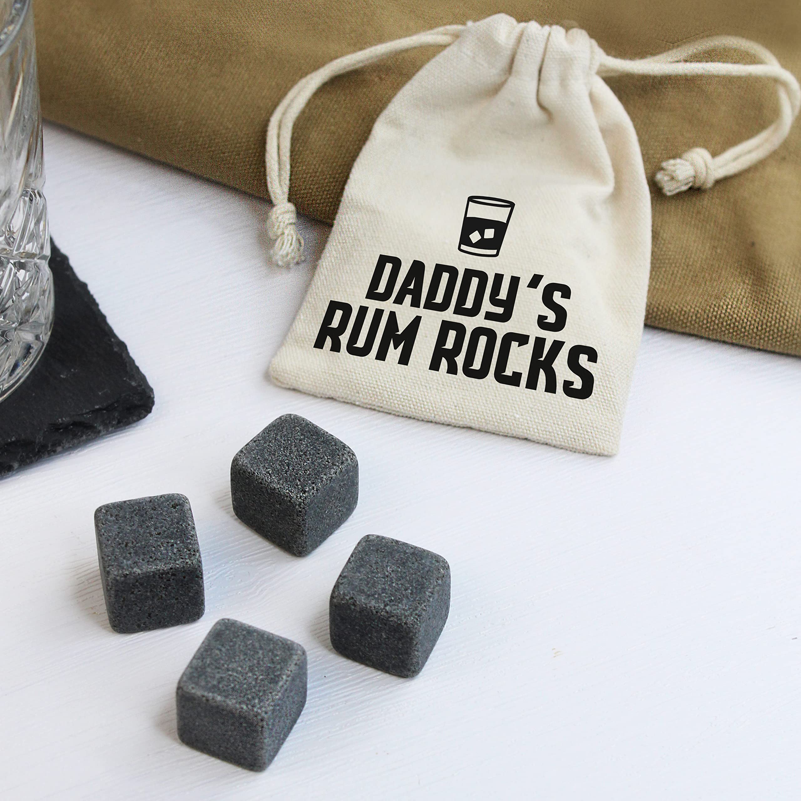 Ebuygb Brown Personalised Grandad's, Dad's Rum Stones With Cotton Drawstring Bag & 4 Soapstone Ice Cubes, Rum Rocks, Father's Day, Birthday Gift For Him, Grandad, Dad, Daddy, Grandpa