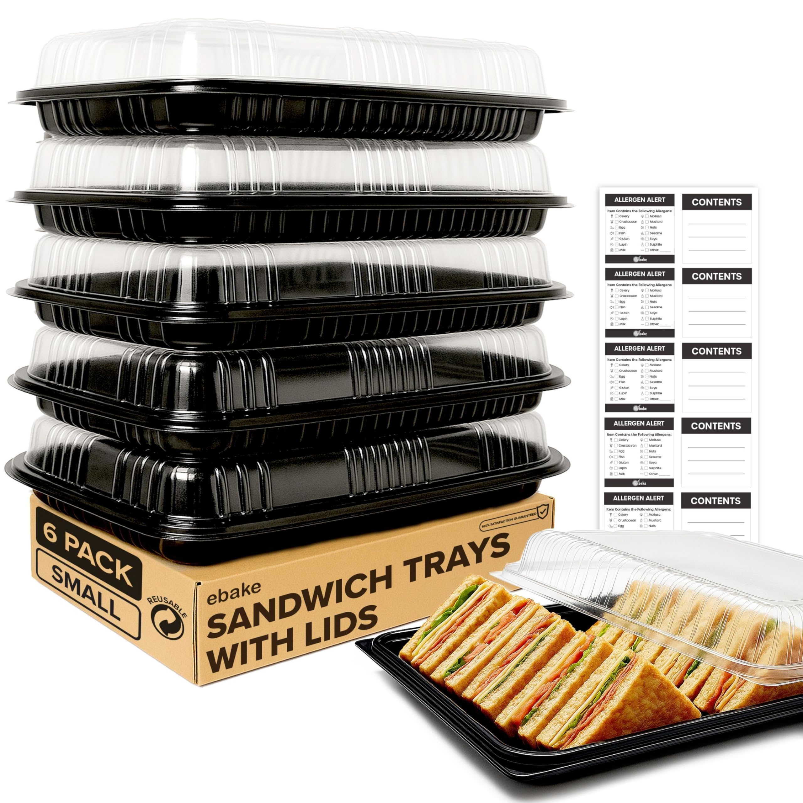 6 Pack Sandwich Platter Trays with Lids – Reusable Catering Food Trays for Parties, Buffets, Sushi, Sandwiches, Cake & Meal Prep (34 x 24 x 7.5 cm)