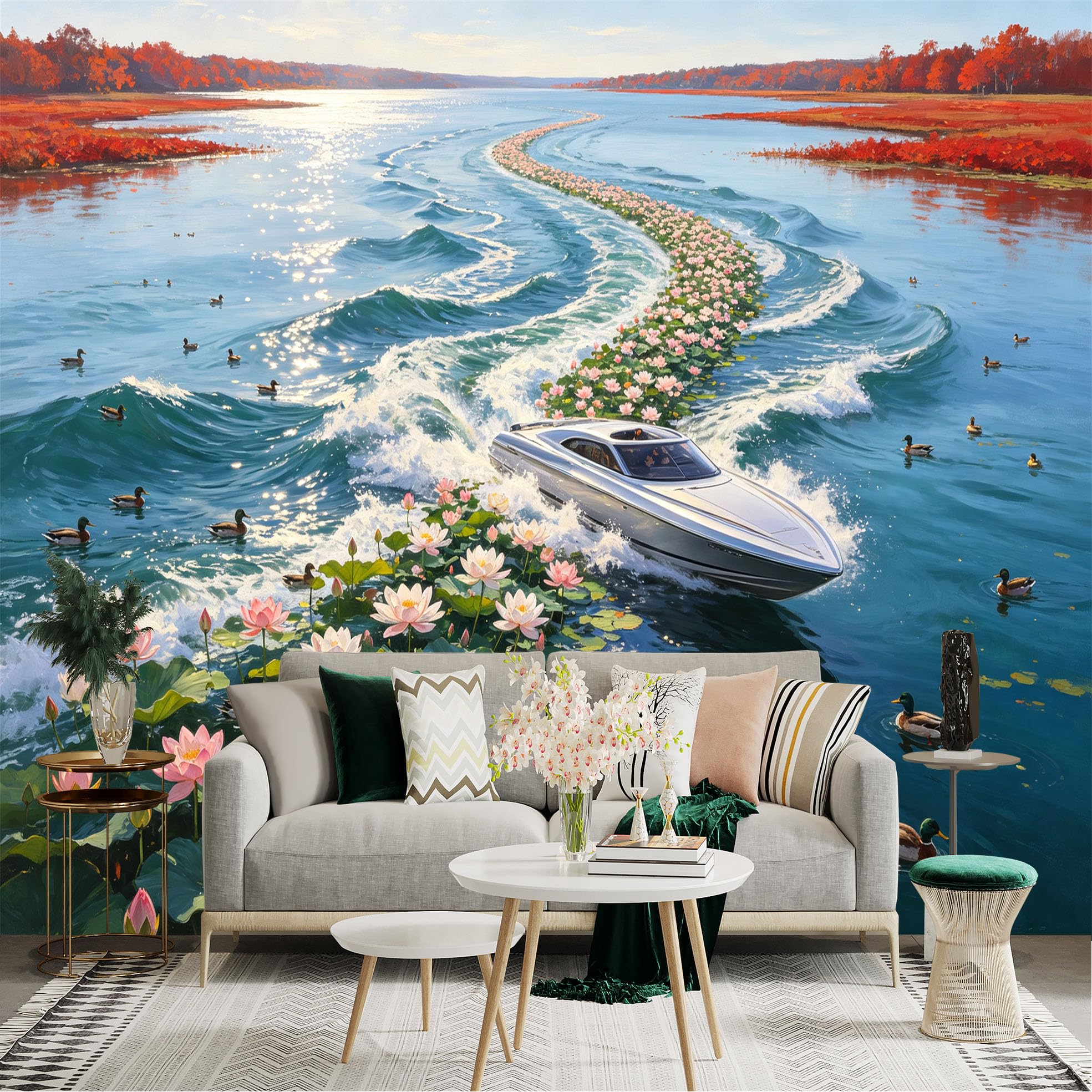 Custom Size Wall Sticker Mural， Modern Speedboat Sailing on River， Beautiful Blooming Lotus Flowers， Ducks Swimming on Water， Autumn Landscape， for wall Decoration， peelandstick wall Decals.
