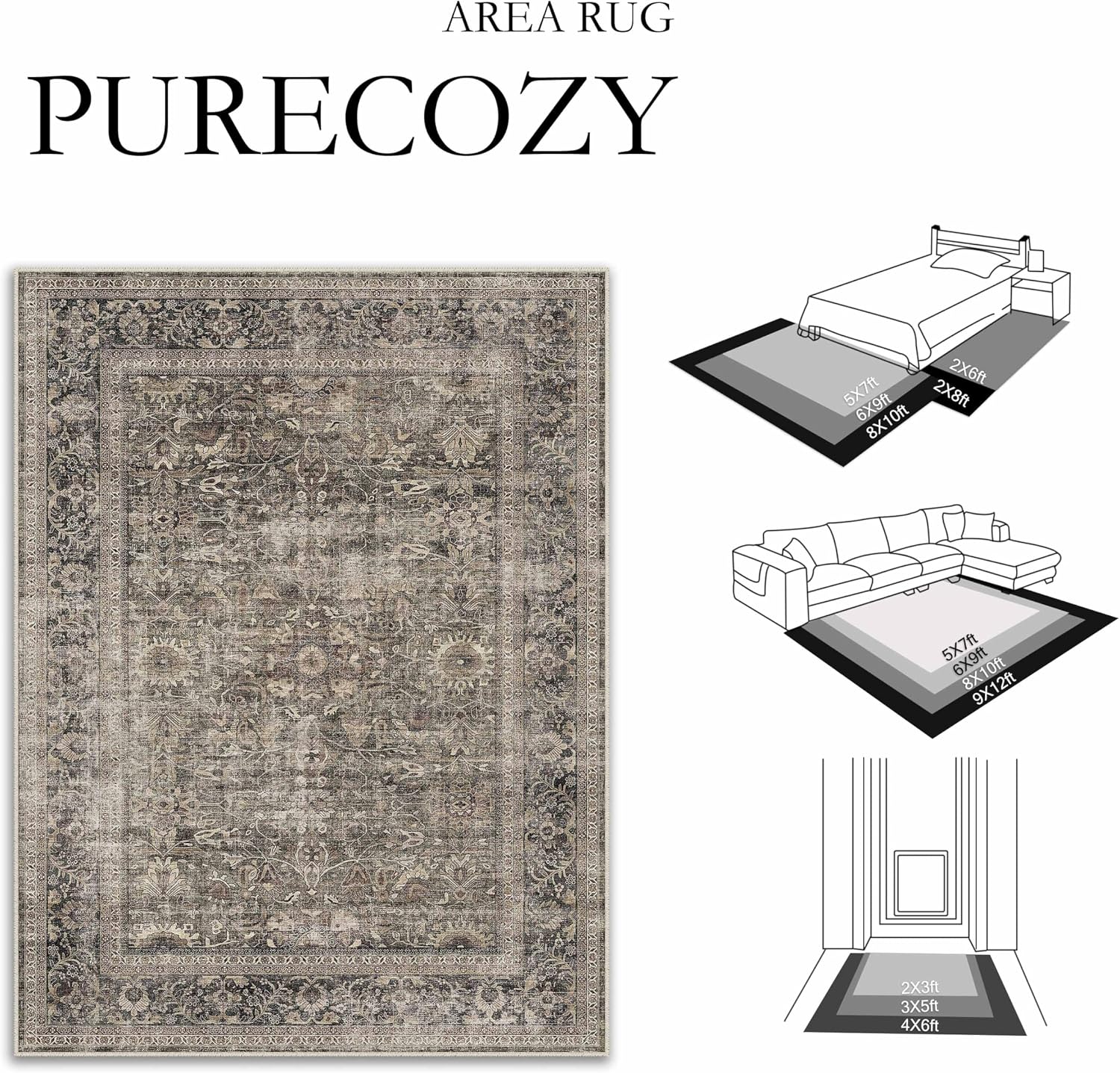 PureCozy 6x9 Area Rug Non Slip Vintage Living Room Distressed Washable Carpet Traditional Indoor Bedroom Grey Retro Floral Accent Throw Rug for Office Kitchen Dorm Dining Room,Brown
