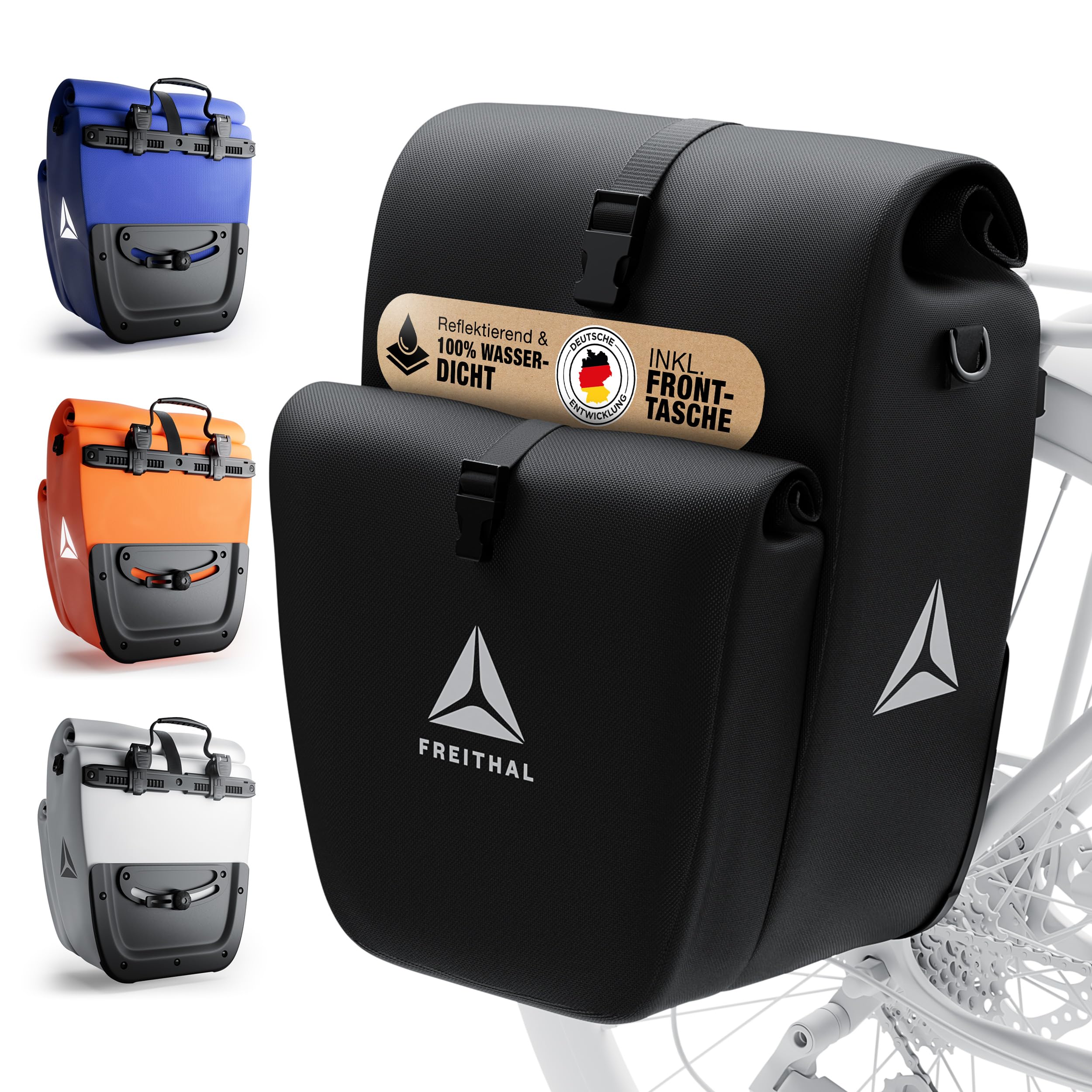 FREITHAL - Fahrradtasche für Gepäckträger mit Fronttasche [33L] - 100% wasserdicht & mit Reflektoren - Gepäckträgertasche & Umhängetasche - Bike Bag - Schwarz