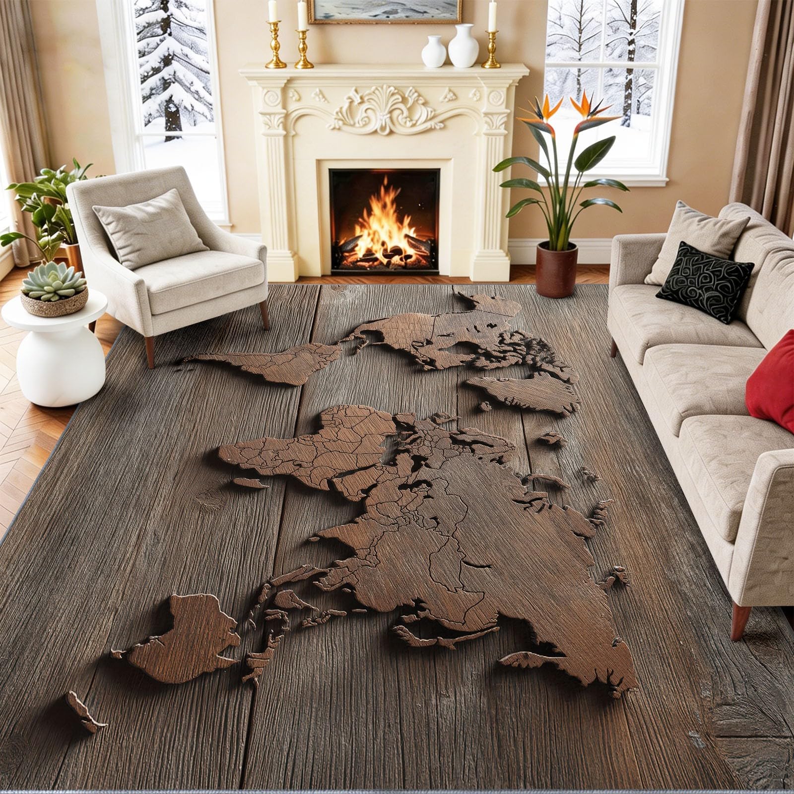 Tapis à poils courts lavable 60x90cm avec motif de carte du monde effet 3D rétro brun