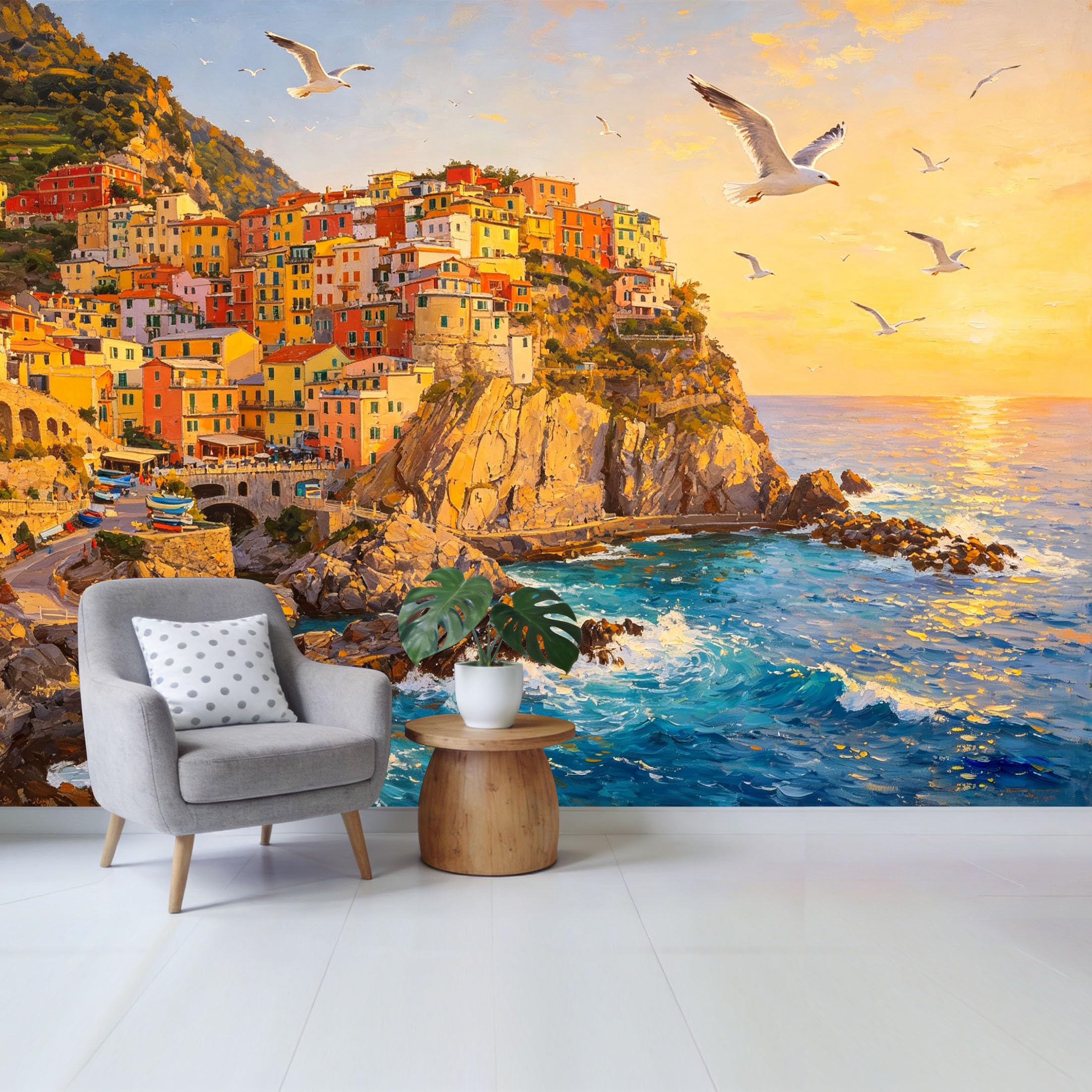 Custom Size Wall Mural Mediterranean Coastal Town Oil Painting Sunset Ocean Landscape Seagull Scenic View SelfAdhesive Wall Fabric Removable Wallpaper for Home Office Decor