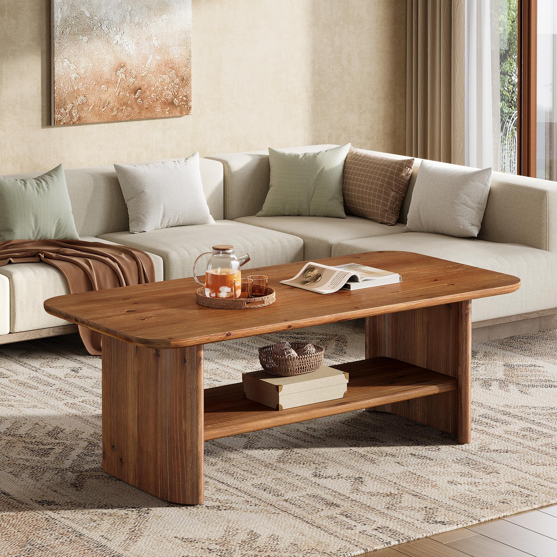 Mesa de Centro de Madera Maciza, Mesa de Centro Rectangular de 120 cm con Espacio de Almacenamiento, Mesita Auxiliar, Mesa de Té para Salón Oficina, Marrón