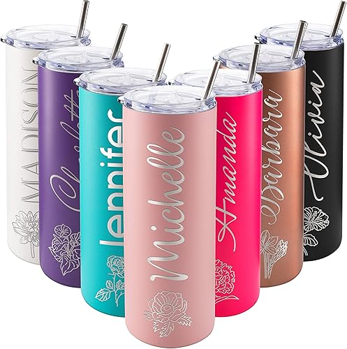 Vista 9 de Vaso delgado personalizado, pajilla, tapa y cepillo incluidos, 20 onzas, morado, regalos personalizados para mujeres, regalo para mamá, vaso delgado