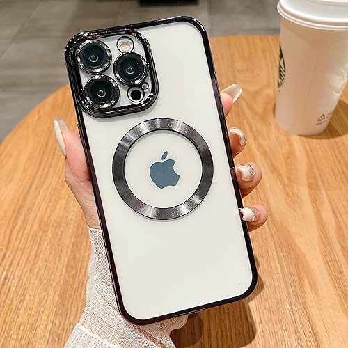 Mangix Funda para iPhone 15 Pro Max, compatible con MagSafe Plating Luxury Cover para mujeres y niñas, funda transparente de TPU suave con 2