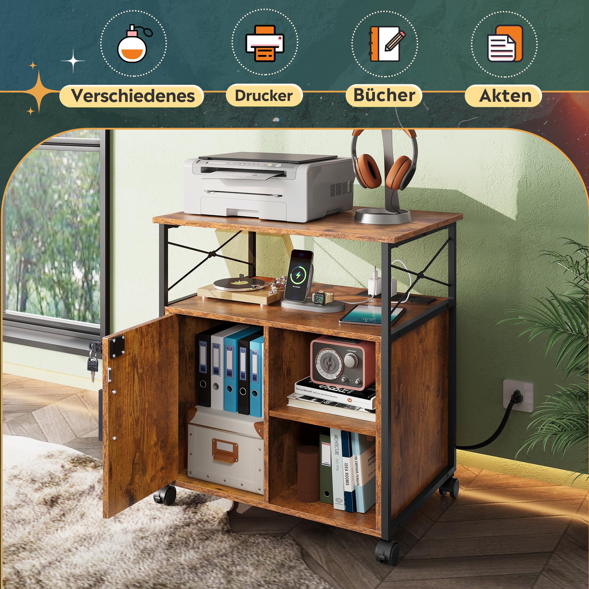 DEVAISE Druckertisch mit Ladestation, Rollcontainer mit Rollen und offenen Ablagen, Druckerschrank abschließbar für Büro und Home Office, Retro Braun