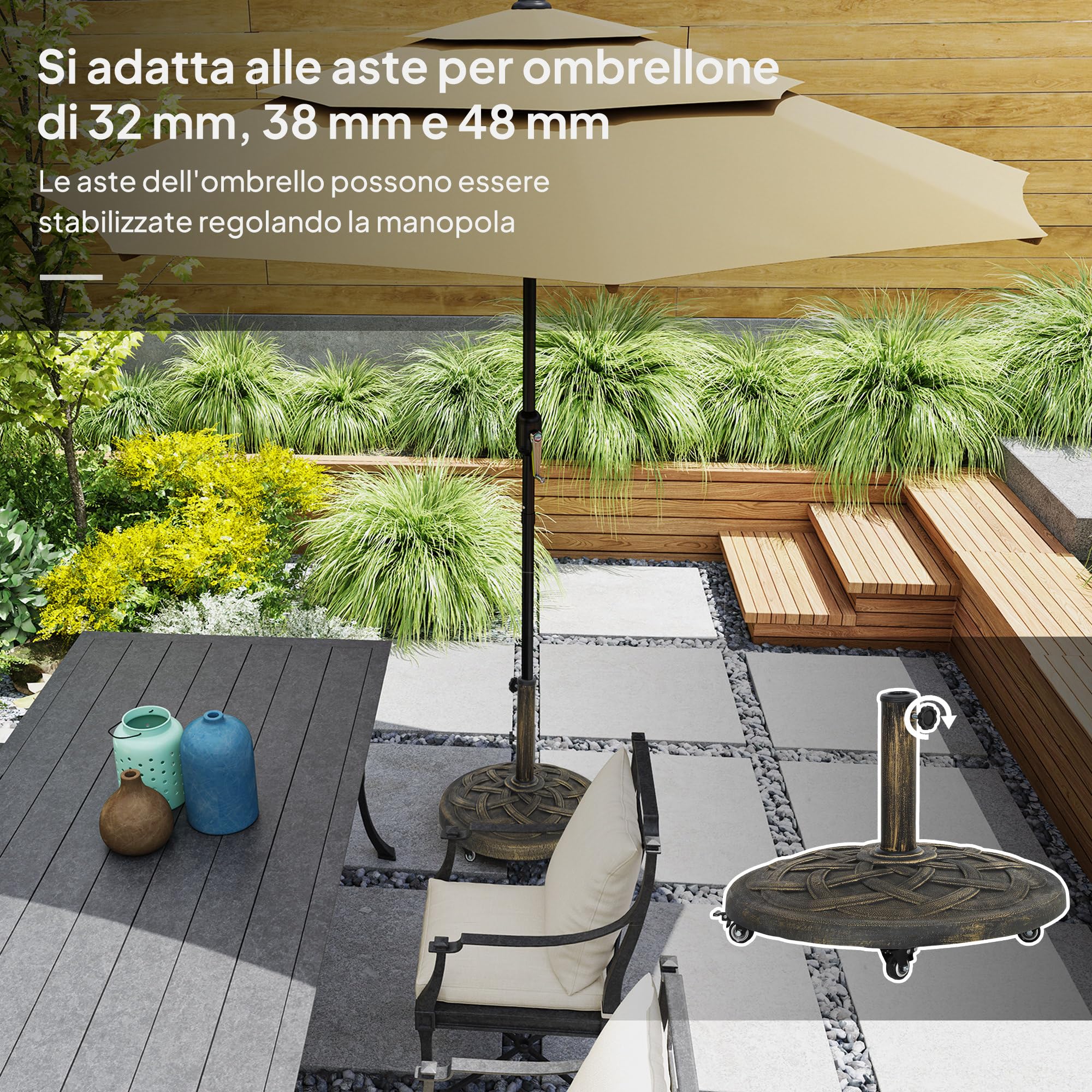 Outsunny Base per Ombrellone Rotonda con Ruote 20 kg 32mm/38mm/48mm Bronzo | Base Ponderata in Resina, Supporto per Ombrelloni, per Esterni, Giardino, Piscina