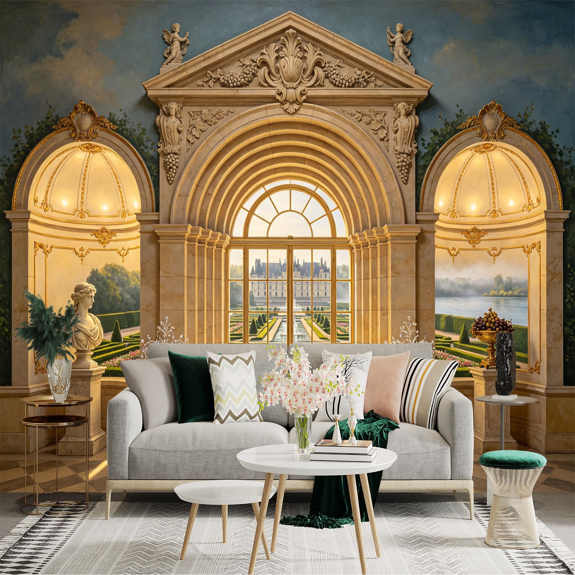 Custom Size Wall Sticker Mural， Classical Palace Archway with Garden View and Marble Columns， for wall Decoration， peelandstick wall Decals.