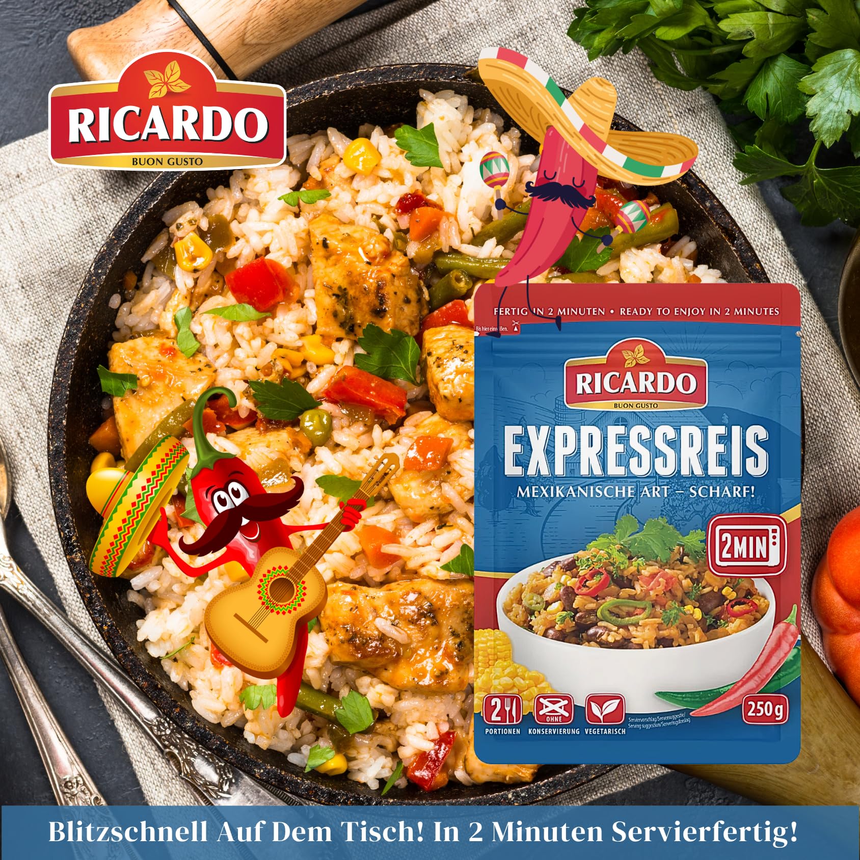 RICARDO Express Riso Messicano Piccante 16 x 250 g Preparazione Riso Preparato Piatti pronti Microonde/Padella in modo rapido e semplice