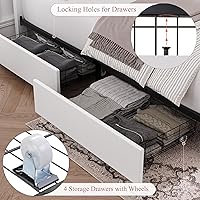 Vista 5 de HOSTACK Base de cama matrimonial con 4 cajones de almacenamiento, base de cama tapizada con cabecera capitonada con botones, base de colchón