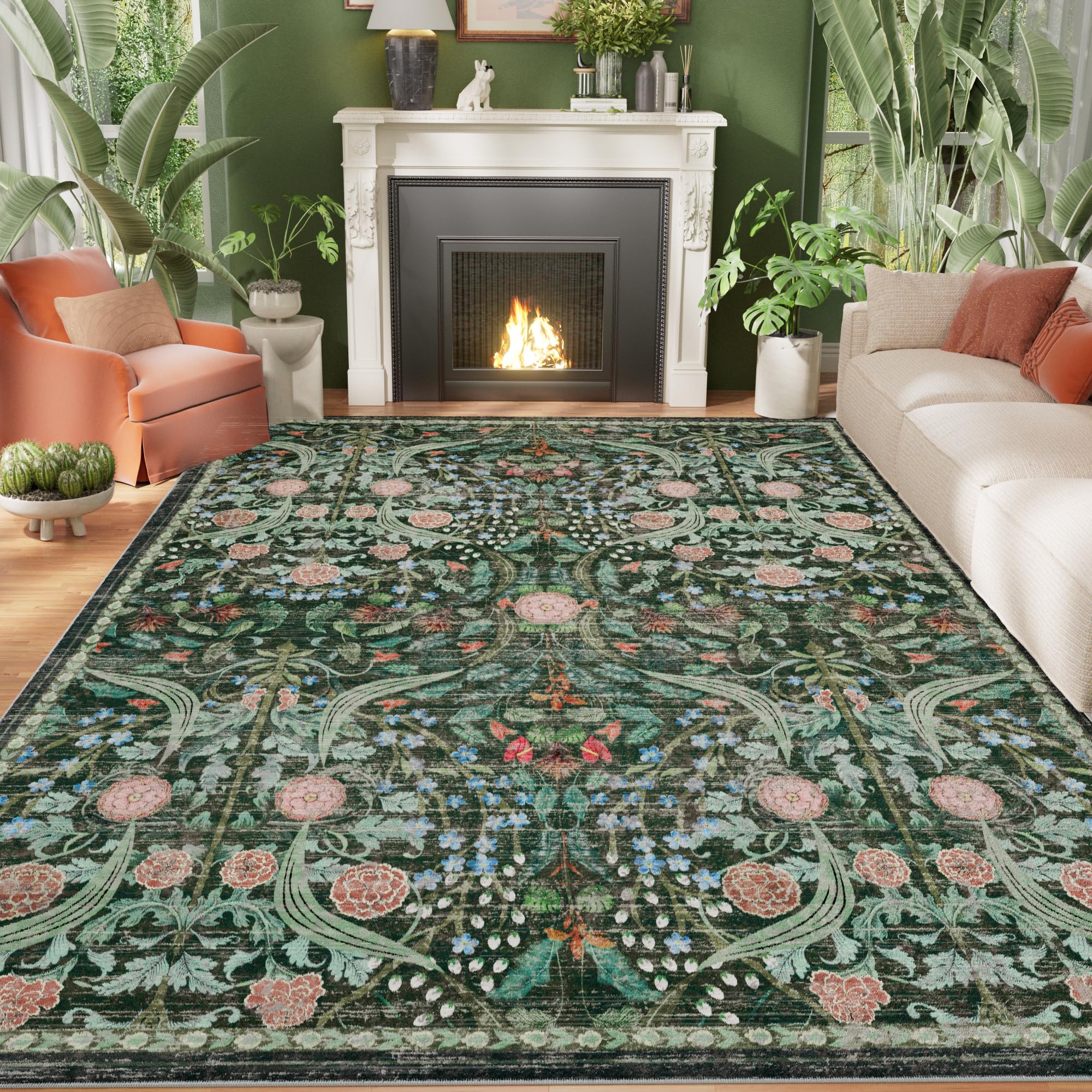 AMTOVO 6x9 Washable Area Rugs for Living Room, Non-Slip Large Soft Boho Floral Vintage Accent Print Carpet for Bedroom Dorm Nursery Room Dining Room