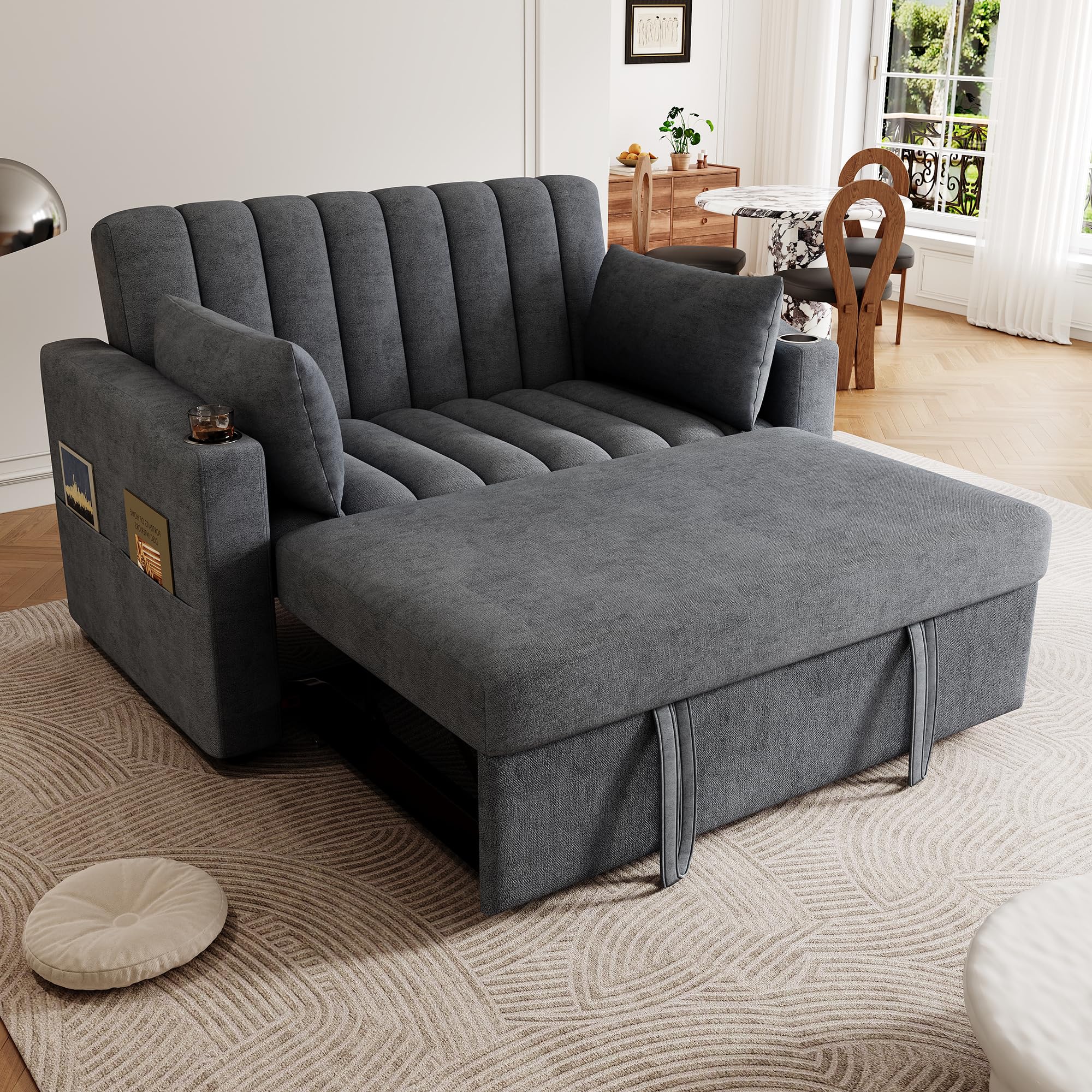 Velvet Folding Sofa Bed with Cup Holders Adjustable Back 2 Pillows and Armrest Storage 2-Seater Sofa Couch for Living Room Bedroom Small Spaces (Grey 3)