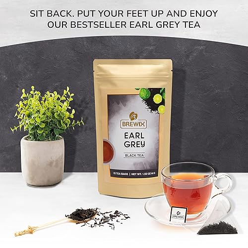 Miniatura 5 de BREWIX, Earl Grey - Bolsas de té (22 bolsas de té piramidal), té negro indio de hoja larga con bergamota, empaquetadas en bolsa resellable con