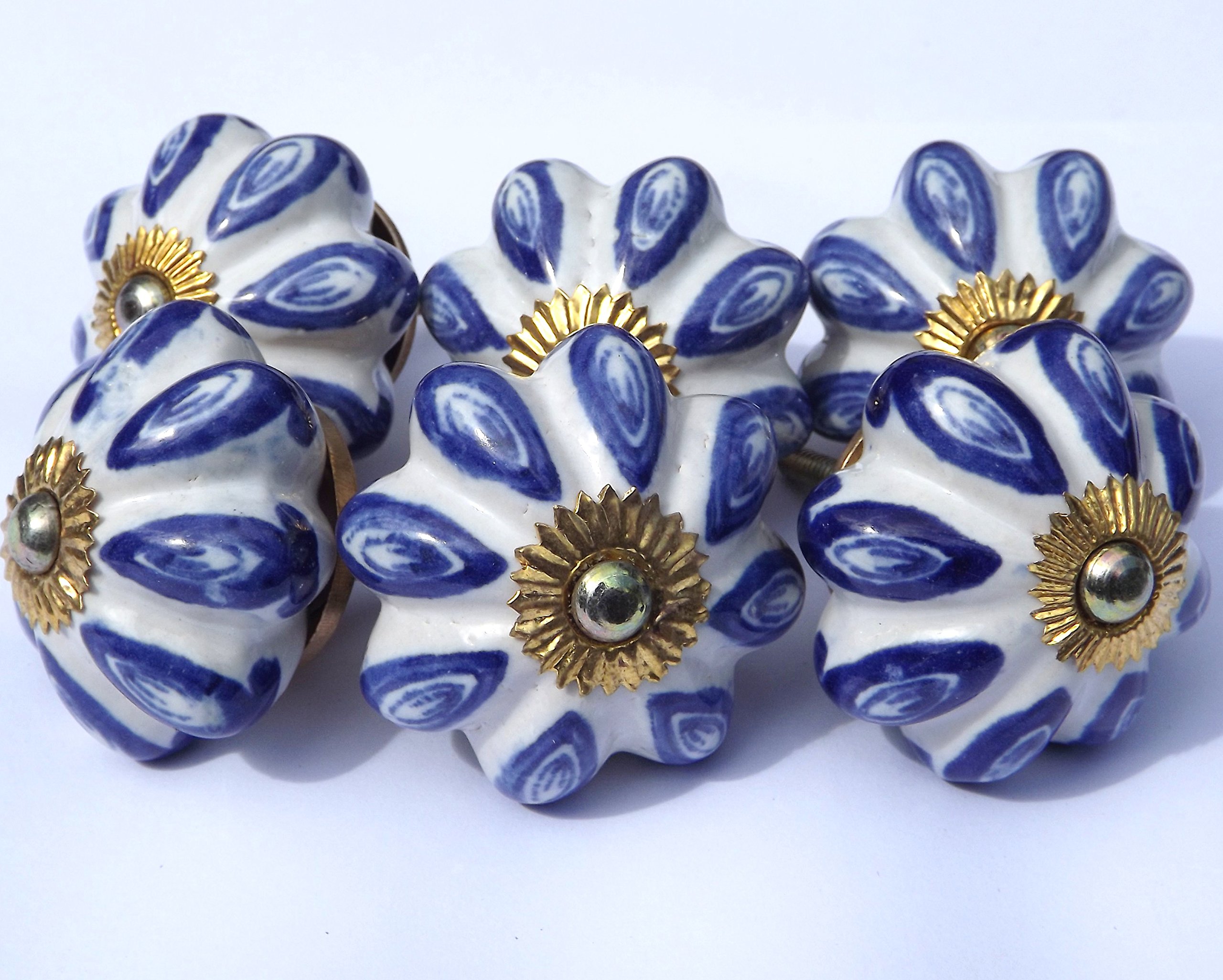 Glass Doorknobs And Furniture Pulls White/Blue 6 X Large Flower With Petals (Brass Fittings) Ceramic Cupboard Door Knob Drawer Pull Shabby Chic Handle Porcelain