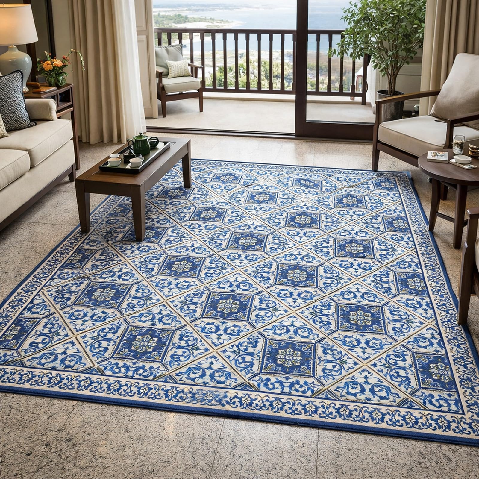Tapis oriental géométrique bleu et jaune facile à nettoyer pour salon