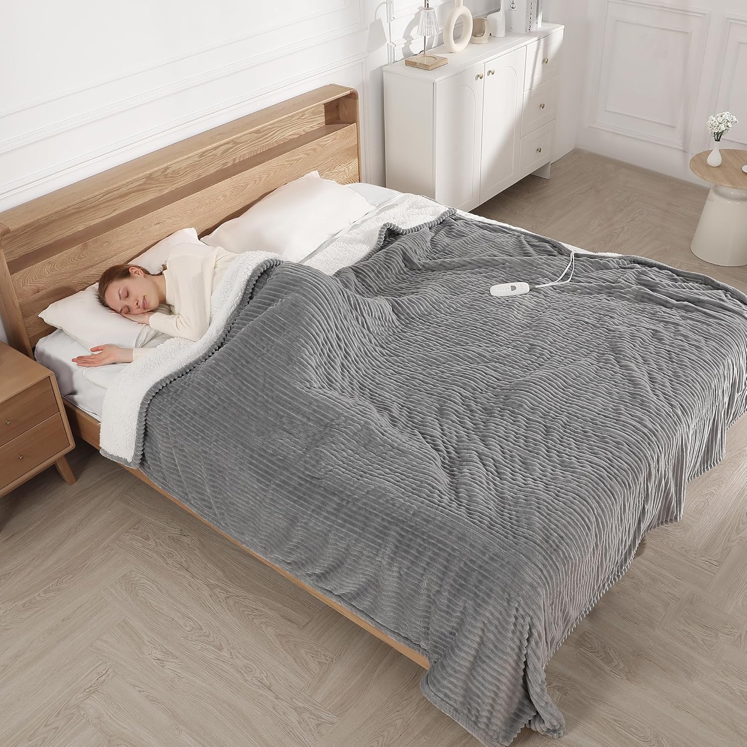 Electric Blanket King Size, Electric Heated Blanket with Dual Controls, 5 Heat Settings, 10-Hour Auto Off, Striped Flannel & Sherpa, FCC/ETL Certified, 90''x100'' Light Grey - Image 9