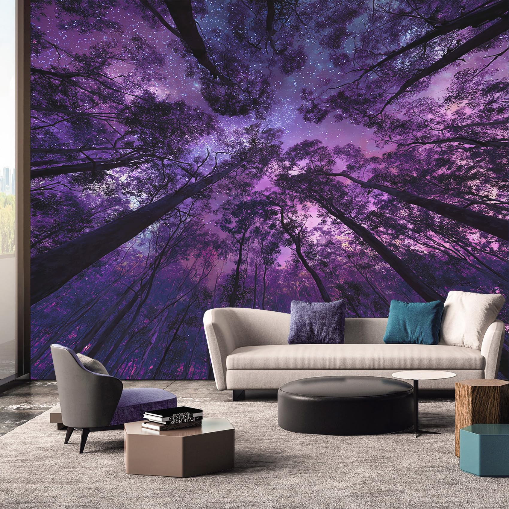 Forest Wallpaper, Purple Starry Wallpaper Mural, Non-Woven Decor Wall Paper, Photo Mural for Room, Hallway, Lounge, 300cmx210cm A-8868