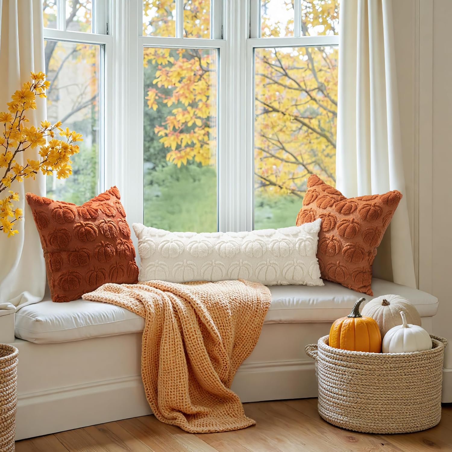 MIULEE Fall Throw Pillow Cover 14x36 Long Body Lumbar Autumn Decoration Cream White Pumpkin Accent Pillowcase for Outdoor Porch Sofa Couch Bed Living Room Plush Faux Fur Halloween Farmhouse Home Decor