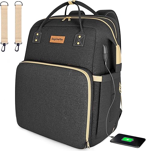 Mochila para pañales para bebé con cambiador portátil, mochila multifuncional para pañales con puerto de carga USB, correas para cochecito, gran
