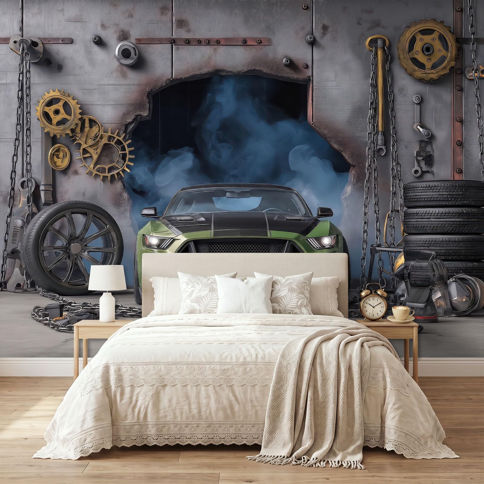 Retro wyścig samochodowy rozbija panoramiczną ścianę dla chłopców dziewcząt, 500 x 280 cm szary gigantyczny plakat ścienny 3D, dekoracja ścienna premium do salonu, sypialni dorosłych, pokoju