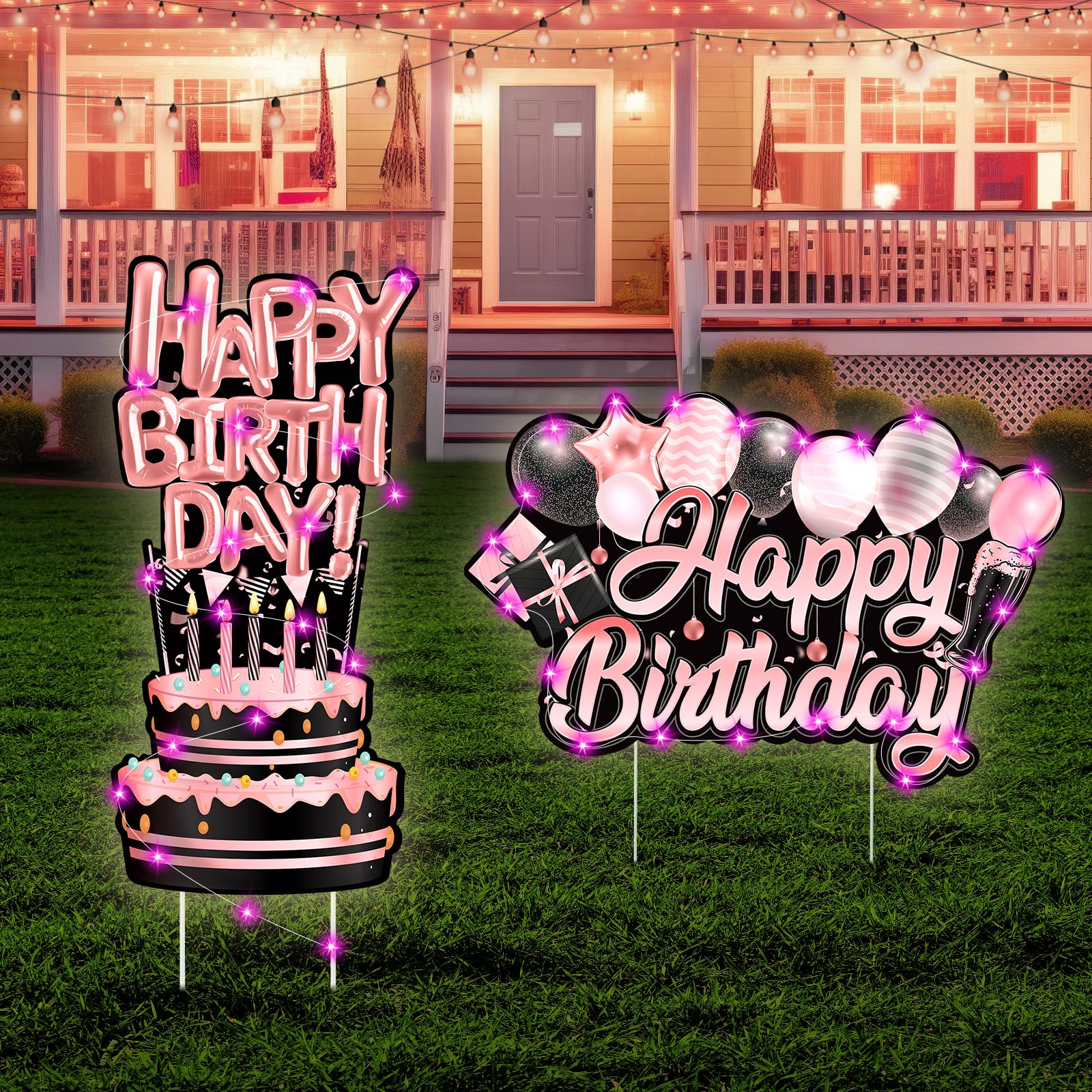Ballons d'anniversaire et panneaux de cour or rose avec LED pour déco de jardin