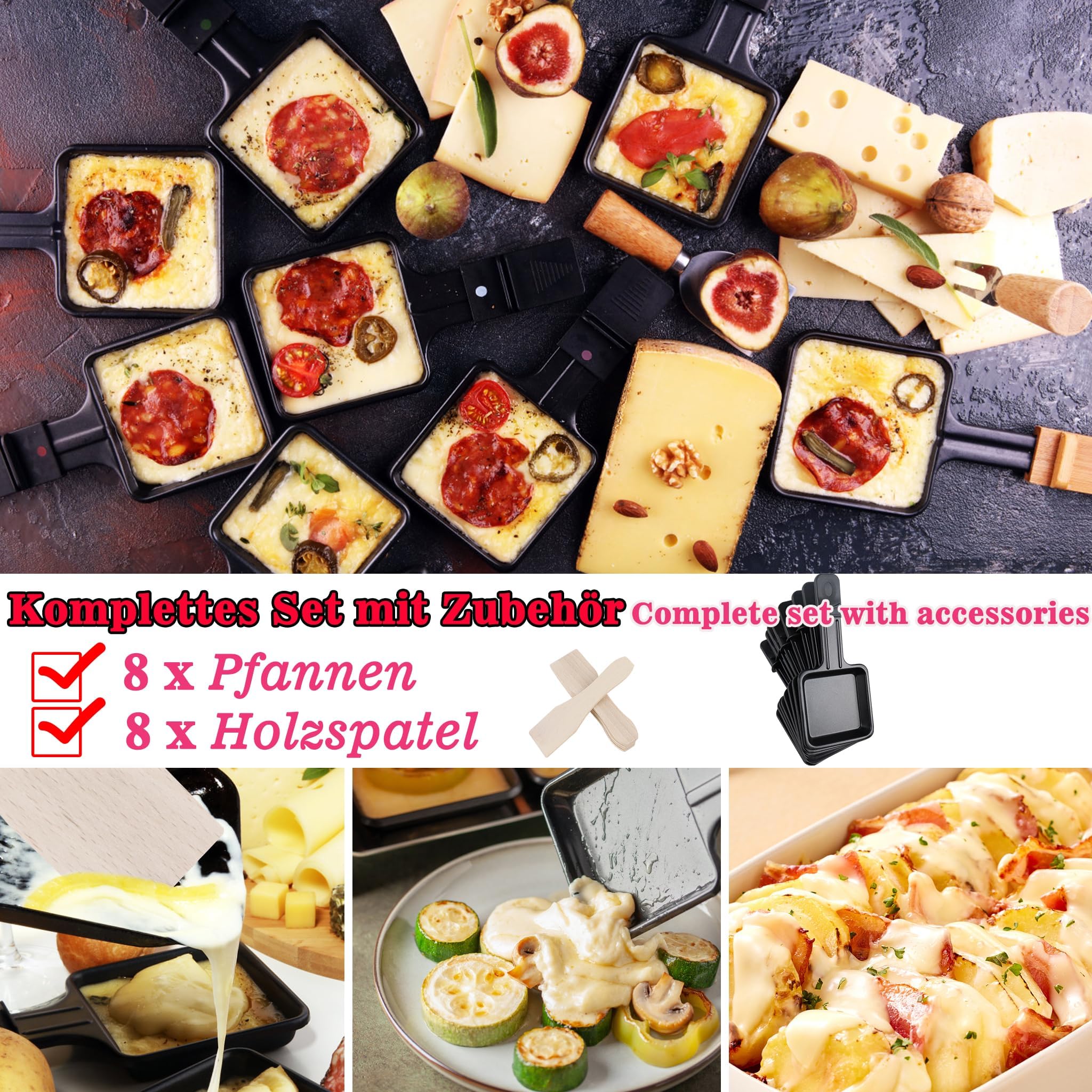 ACXIN Grill raclette dla 8 osób, z naturalnym kamieniem do grillowania i powłoką zapobiegającą przywieraniu, 8 patelni i drewniana szpatułka, maks. 1400 W, elektryczna patelnia grillowa, do użytku