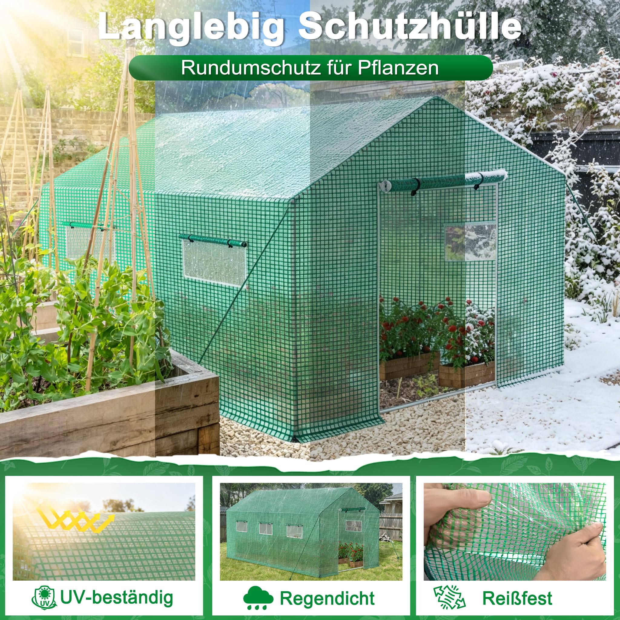 YRHome Groß Gewächshaus Winterfest mit Feuerverzinktem Stahlrahmen Foliengewächshaus Grün Begehbares Gartenhäuschen Isoliert Überwinterungszelt für Pflanzen Gartengewächshäuser Balkon - 3x2x2m