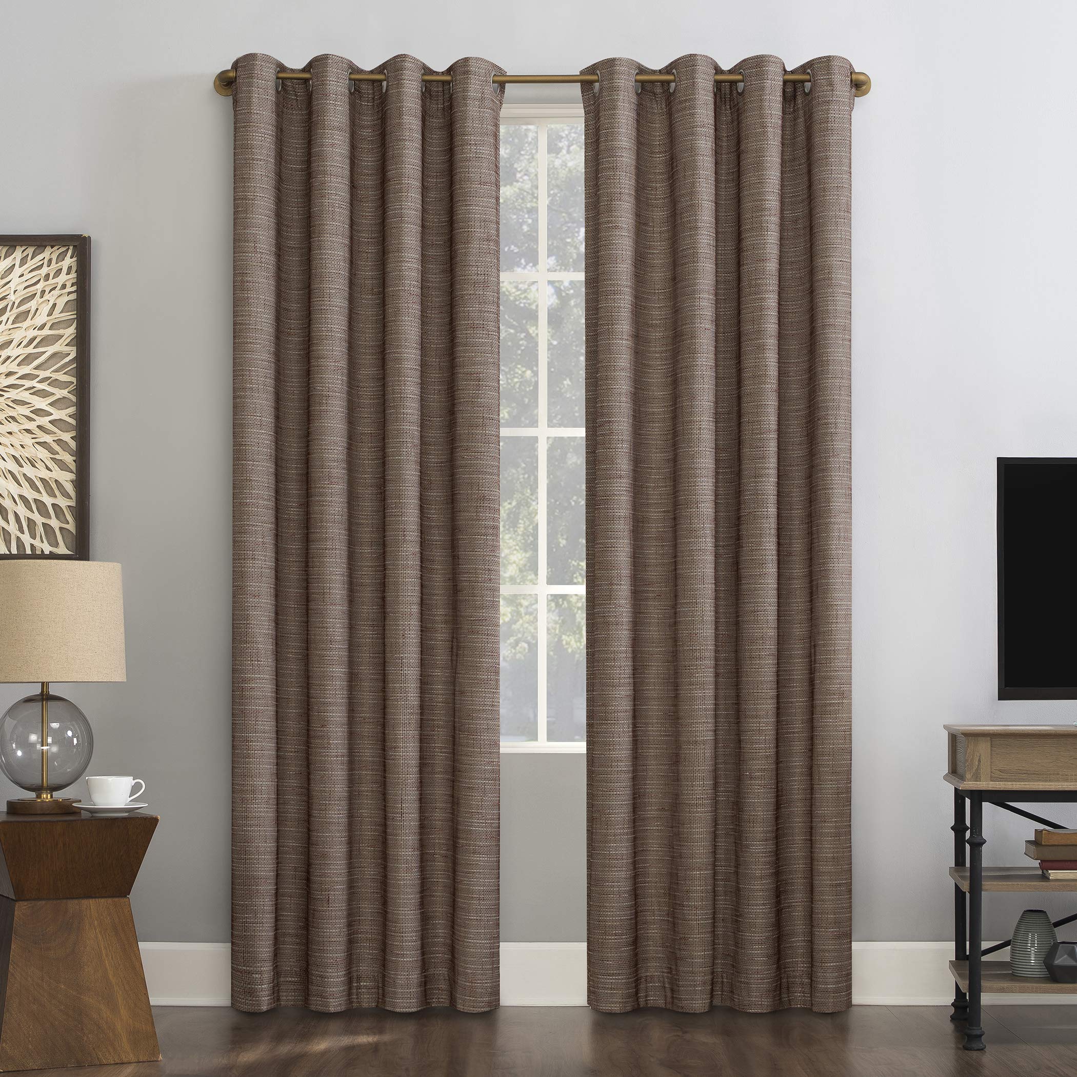 Sun Zero Harding 2-pack Burlap Weave Thermal Extreme Total Blackout Grommet Curtain Panel Pair, 52" x 63", Russet/Linen
