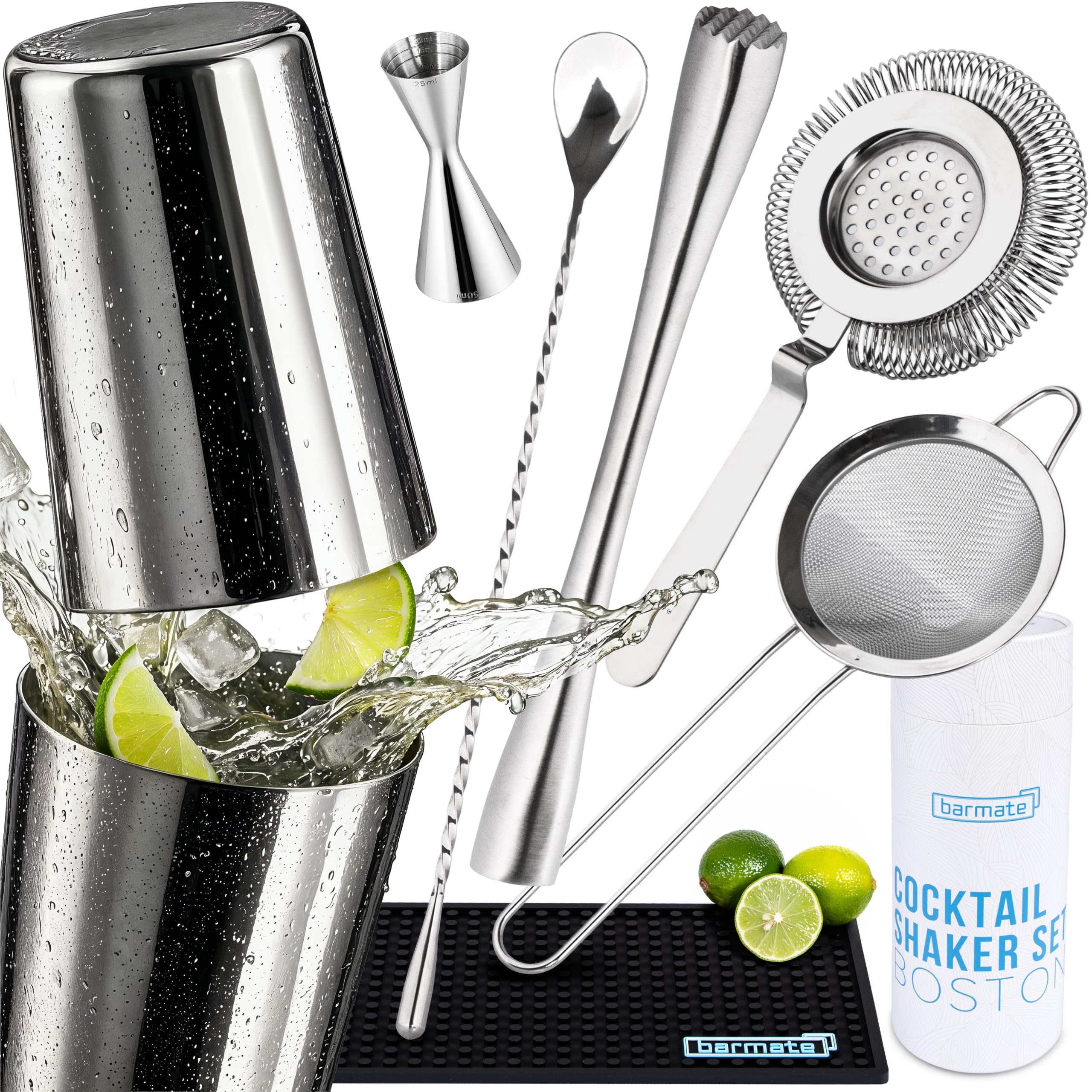 Juego de coctelera de acero inoxidable Boston, Pack Coctelería Cocteles, 7 piezas, compuesto por coctelera, jigger, cuchara de bar, 2 cocidos, muddler y estera de bar