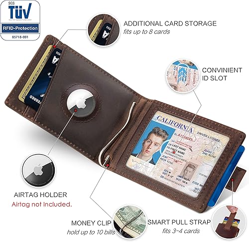 Miniatura 3 de Gemonklee Cartera emergente tarjetero de aluminio con soporte para AirTag con cremallera RFID cartera con clip de dinero para hombres hecha a mano