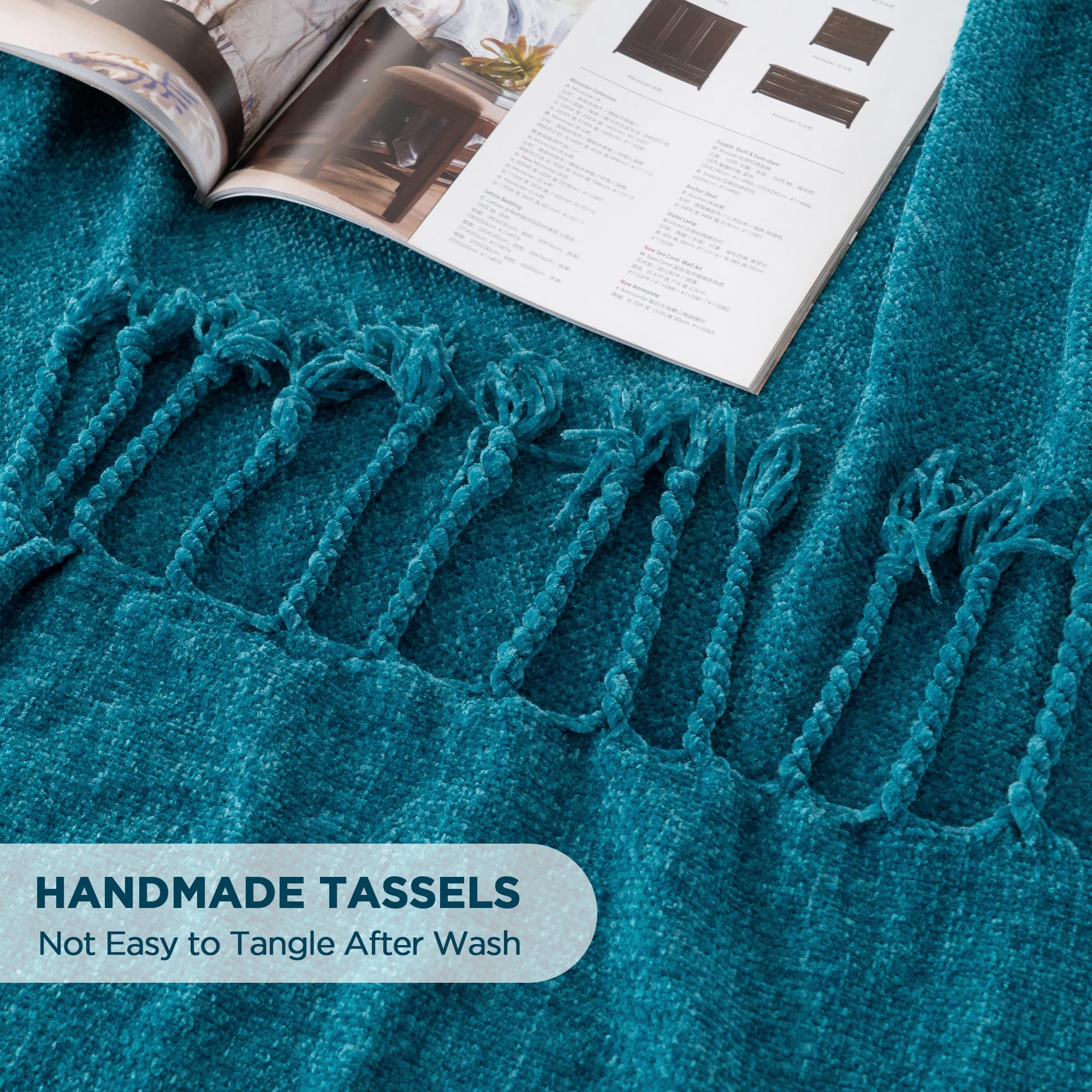 BATTILO HOME Teal Blue Throw Blanket for Sofa Bed Couch Soft Cozy Chenille Throw Blanket with Fringe Tassels - Image 4
