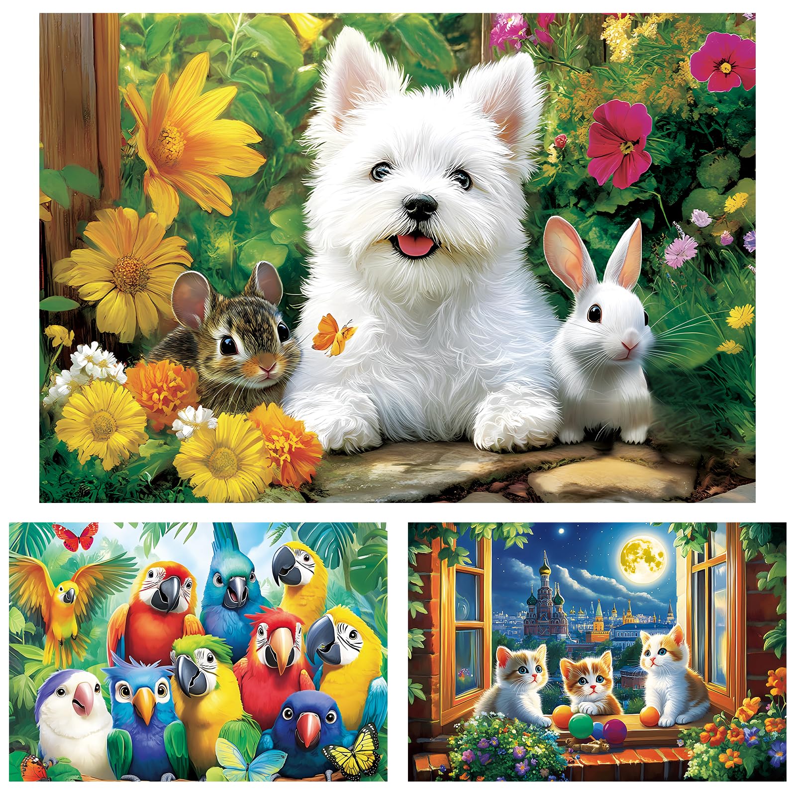 Kids Puzzles Ages 5-8 - Parrot Cat Dog Puzzle 100 Piece Jigsaw Puzzle for Kids Ages 4-6 Toddler Puzzles, Cute Animals Collection Puzzle Gift Educational Toys for Boys and Girls 3-Pack