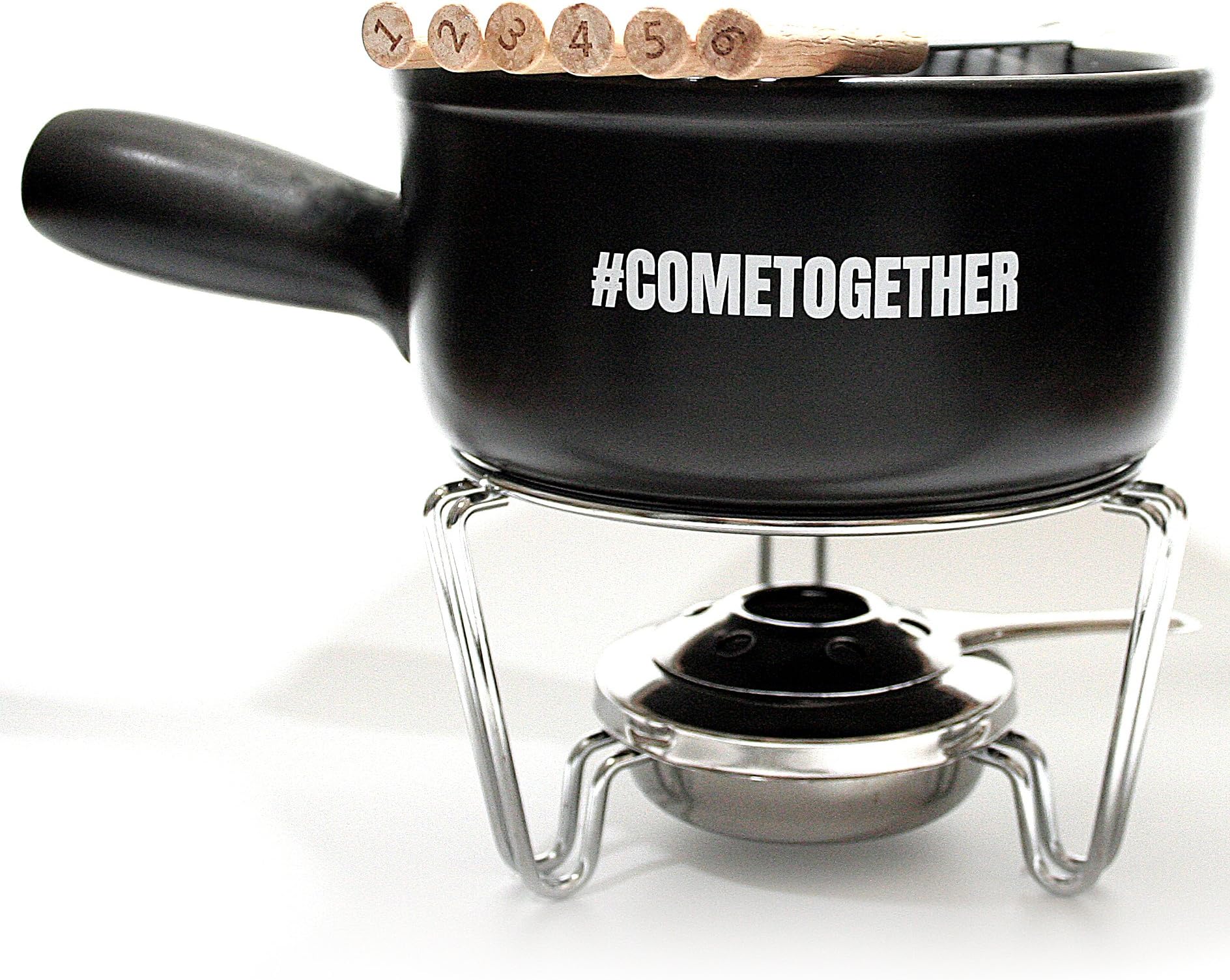 Ceramic Cheese Fondue Set 1.5-Quart, Chocolate and Hot Dips, 6 Forks, Porcelain Fondue Pot, 50 Ounce, COMETOGETHER, Black