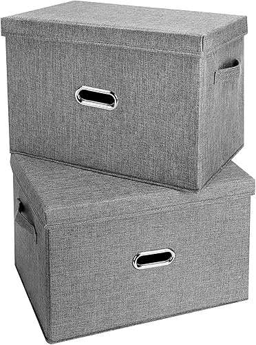 Valease Contenedores grandes plegables de tela de lino con tapa extraíble y asas, caja de almacenamiento lavable, canastas con cubierta para