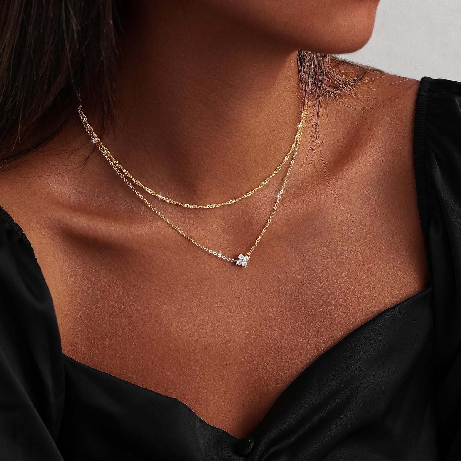 MIDEEO Gold Layered Necklaces for Women, 14K Plated Gold Sterling Silver Plated Dainty Pendant Non Tarnish Necklace Set with Cubic Zirconia,Stackable Chain Choker,Trendy Jewelry Gift