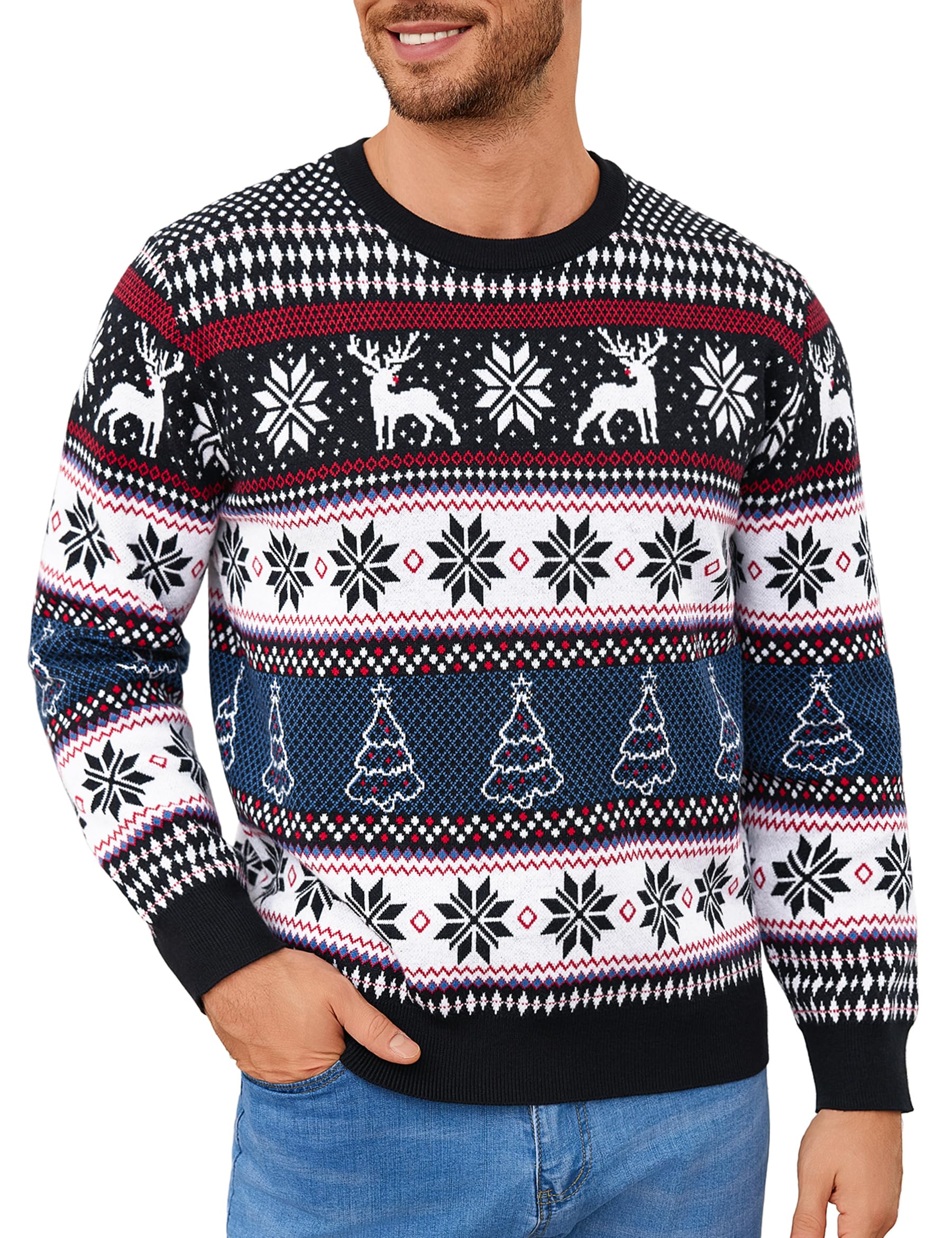 Suéter de Navidad para Hombre Punto Jersey de Invierno con Cuello Redondo Diseño de Renos y Copos de Nieve para Navidad S-XXL