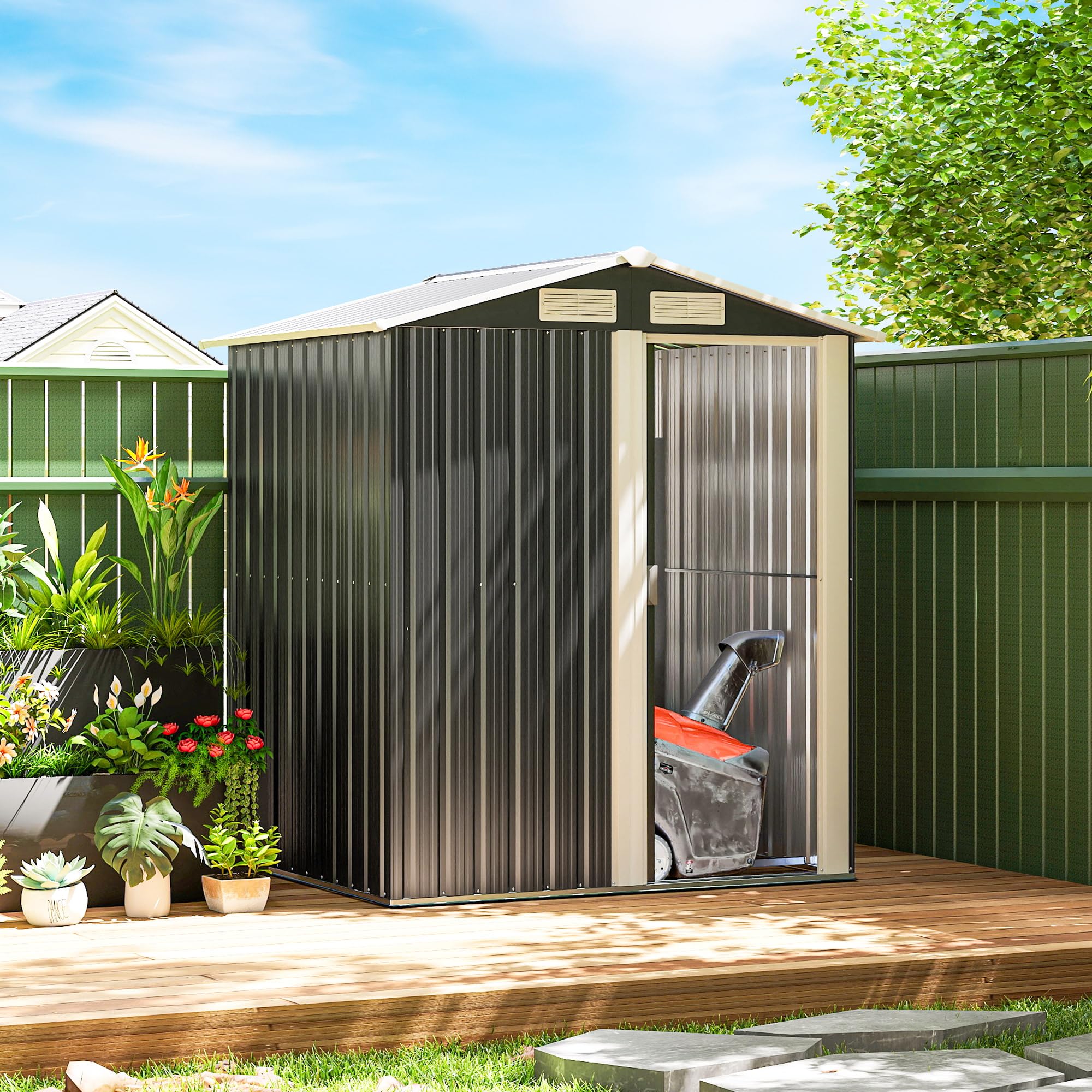 Outsunny Casetta da Giardino 1.7m² in Acciaio Zincato con kit Fondazione, Capanno da Giardino Porta Attrezzi con Tetto Inclinato, 4 Prese d'Aria, Porta Scorrevole, 152x132x188 cm, Grigio Scuro