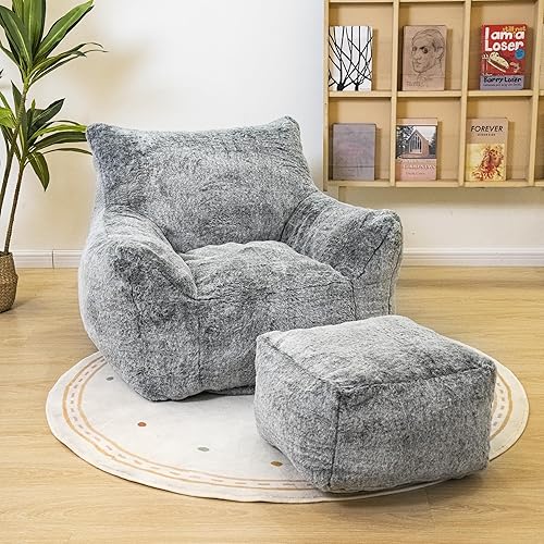 Miniatura 9 de Cvortll Puf con otomano, sillón puff con relleno, ultra suave y esponjoso de piel sintética con reposapiés, sofá perezoso de felpa con taburete para