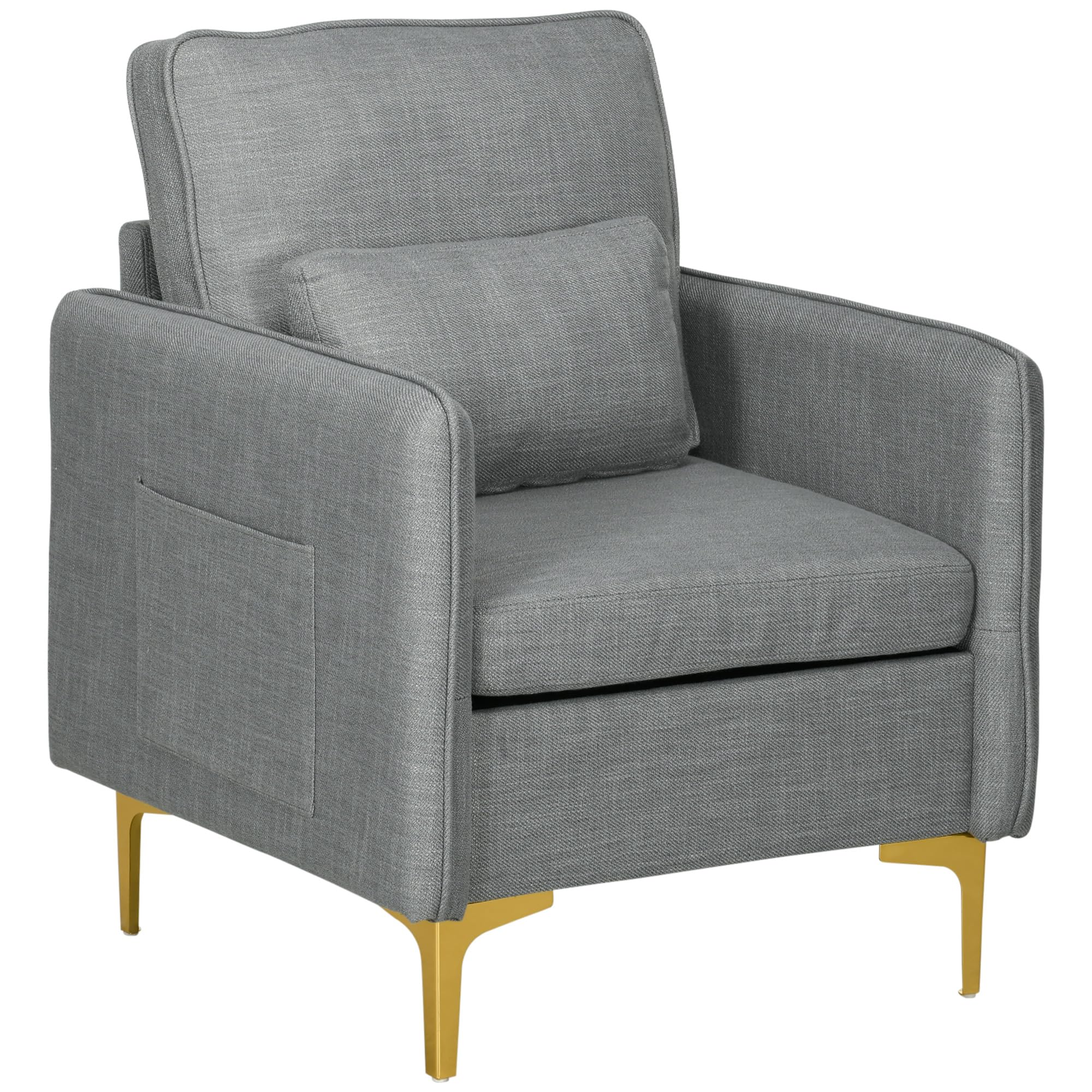 HOMCOM Poltroncina Moderna con Tessuto Effetto Lino, Gambe in Acciaio e Tasche Laterali, 72x72x90cm, Grigio