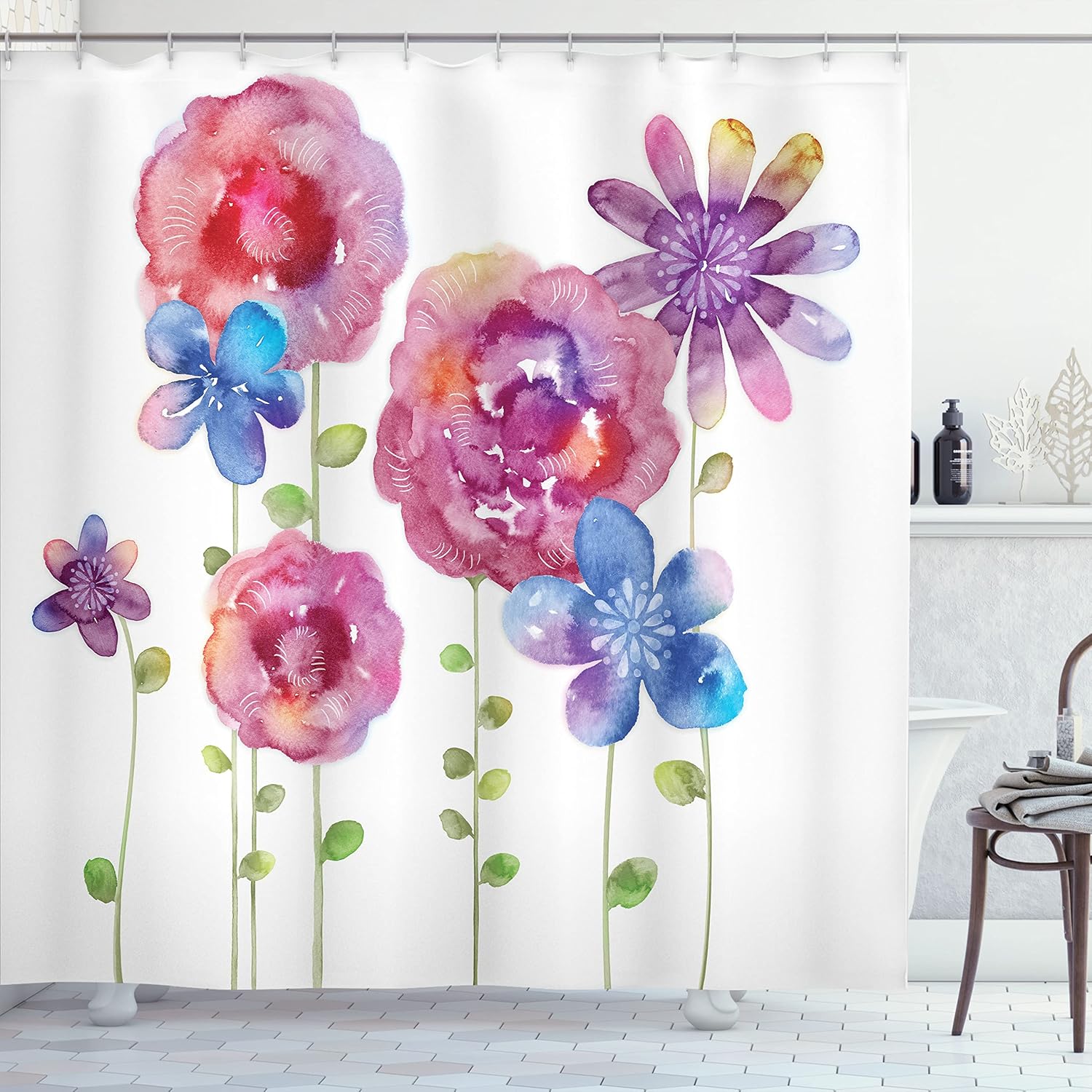 Ambesonne Flower Shower Curtain, Watercolors Illustration of Different Kinds of Flowers Boho Style Pattern, Cloth Fabric Bathroom Decor Set with Hooks, 69" W x 84" L, Pink Purple Blue