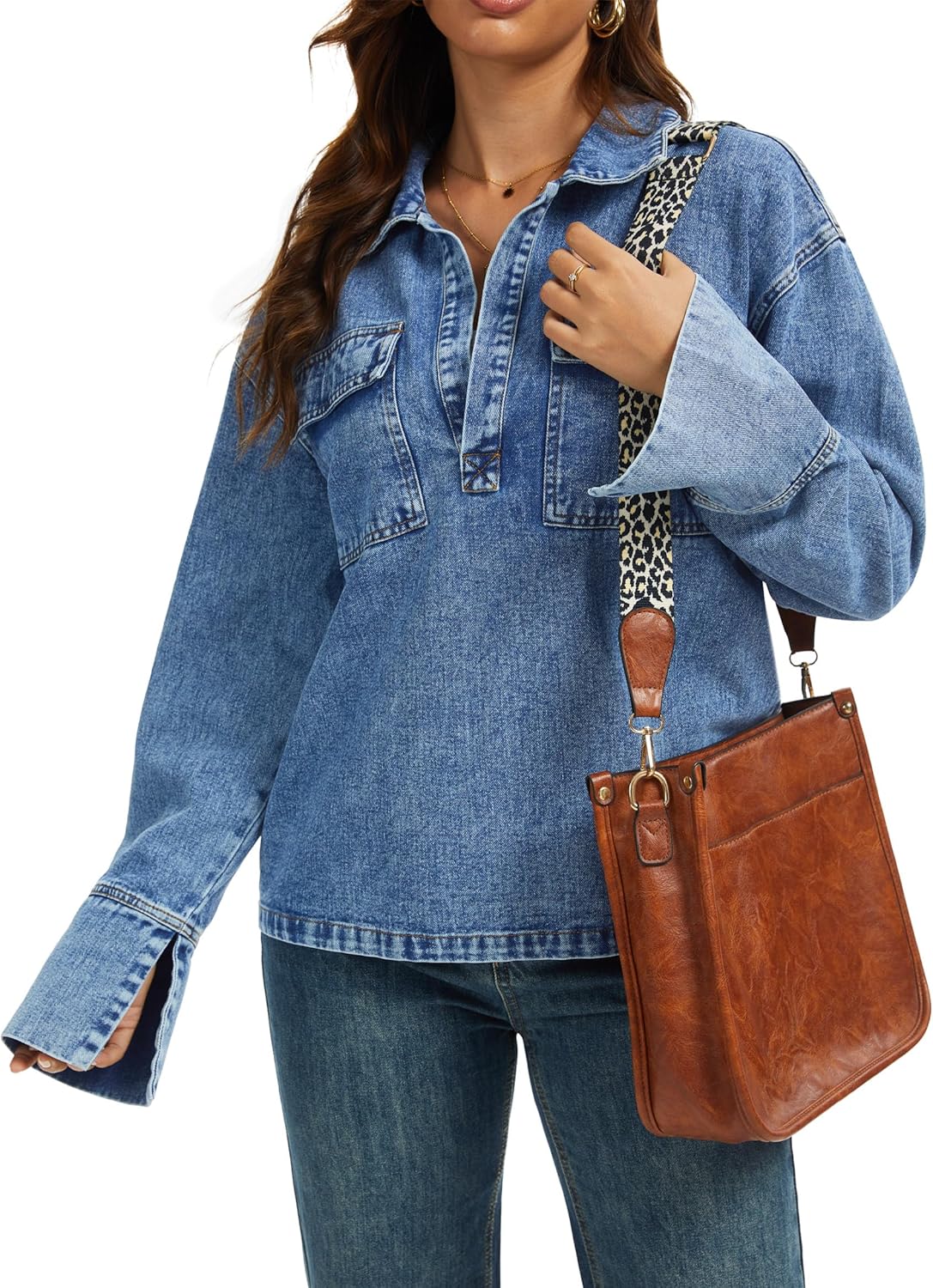 Womens Denim Top Pullover Long Sleeve V Neck Jean Top Oversized Loose Fit Denim Shirt Women Casual Blouses Fall - Image 5