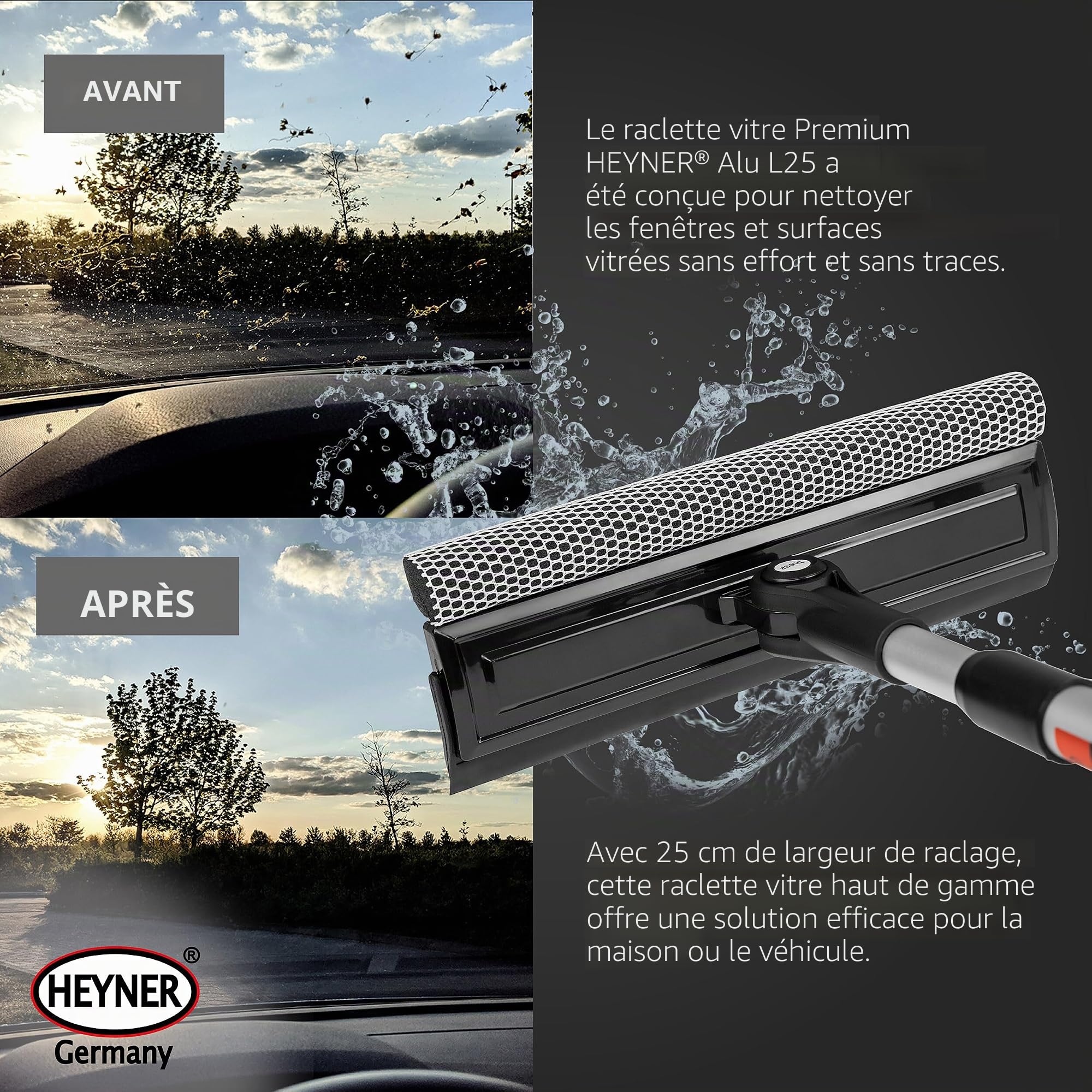 HEYNER® Lave-vitres avec Manche télescopique I Pliable 50-80cm de Long I Essuie-vitres pour Voiture, Camping-Car, Bus & Van I 25 cm de Largeur d'essuyage, Manche Aluminium