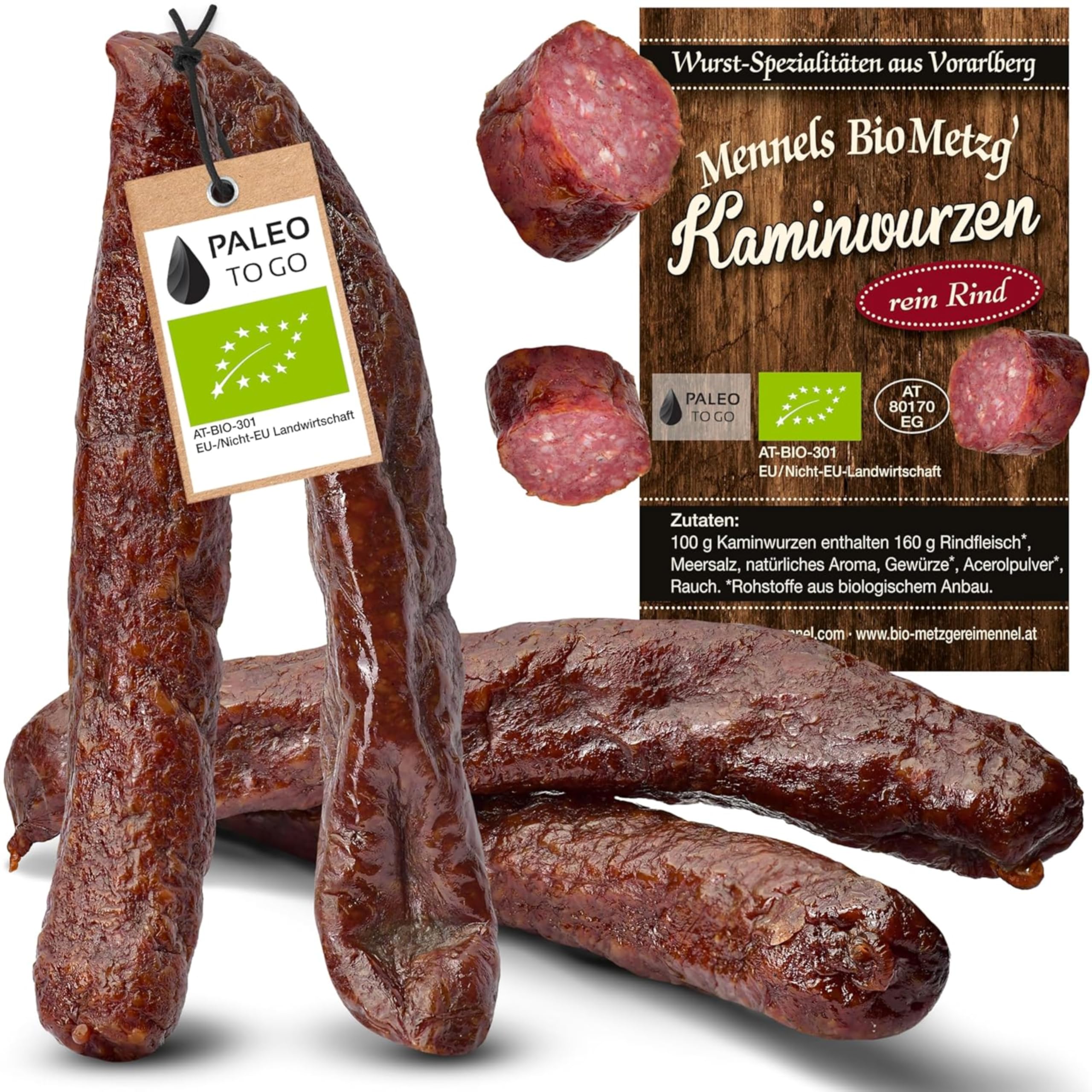 BIO Rind Kaminwurzen – Rinder Rohwurst, zuckerfrei, glutenfrei – Protein Snack aus 100% Bio-Rindfleisch – Eiweißreiche Mettwurst, trocken & handgemacht – 4 Stück (3er Pack (12 Stück))