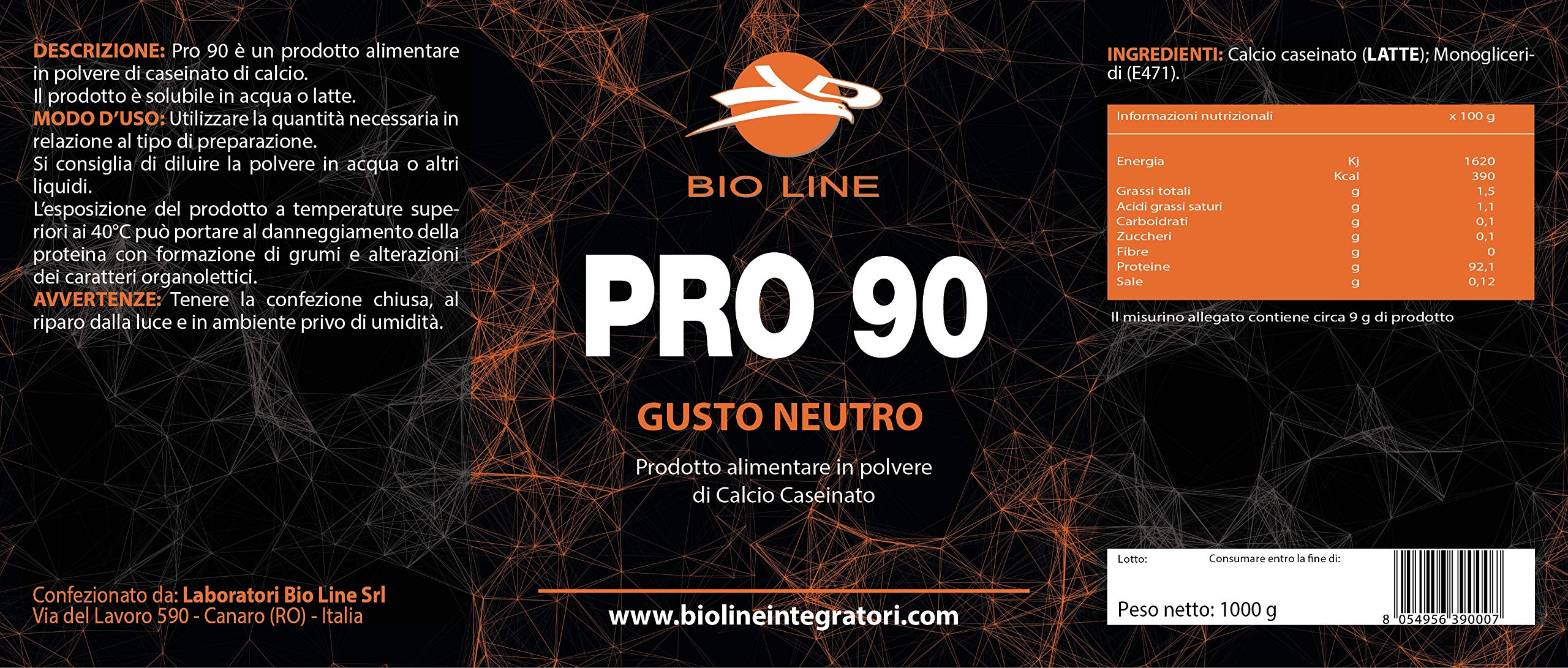 PRO 90 - Prodotto alimentare di Calcio Caseinato in polvere, 1 Kg (Gusto NEUTRO)