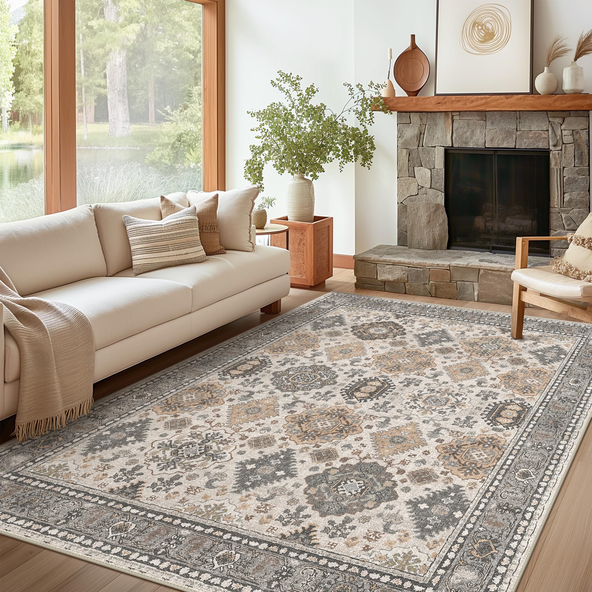 8x10 Area Rugs for Living Room, Machine Washable Rug Non Slip, Vintage Chenille Distressed Print Carpet, Large Low Pile Ultra-Thin Lightweight Rugs