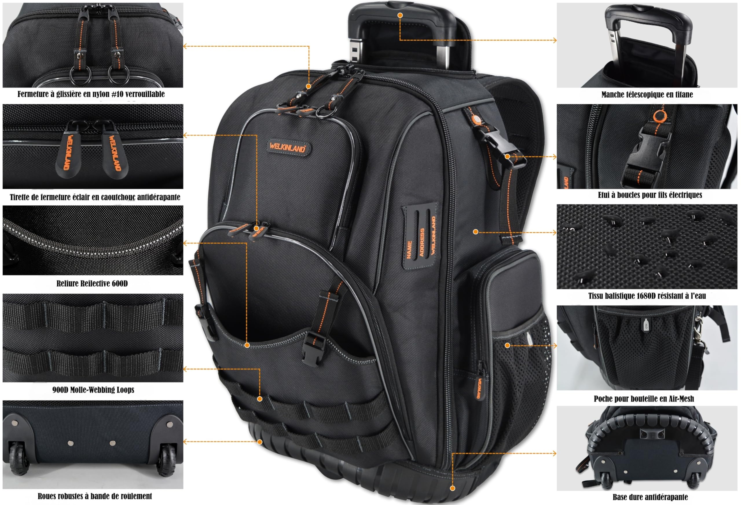 WELKINLAND Sac à dos à roulettes 72 poches, grand sac à outils avec roulettes, sac d'électricien roulant avec roues pour homme