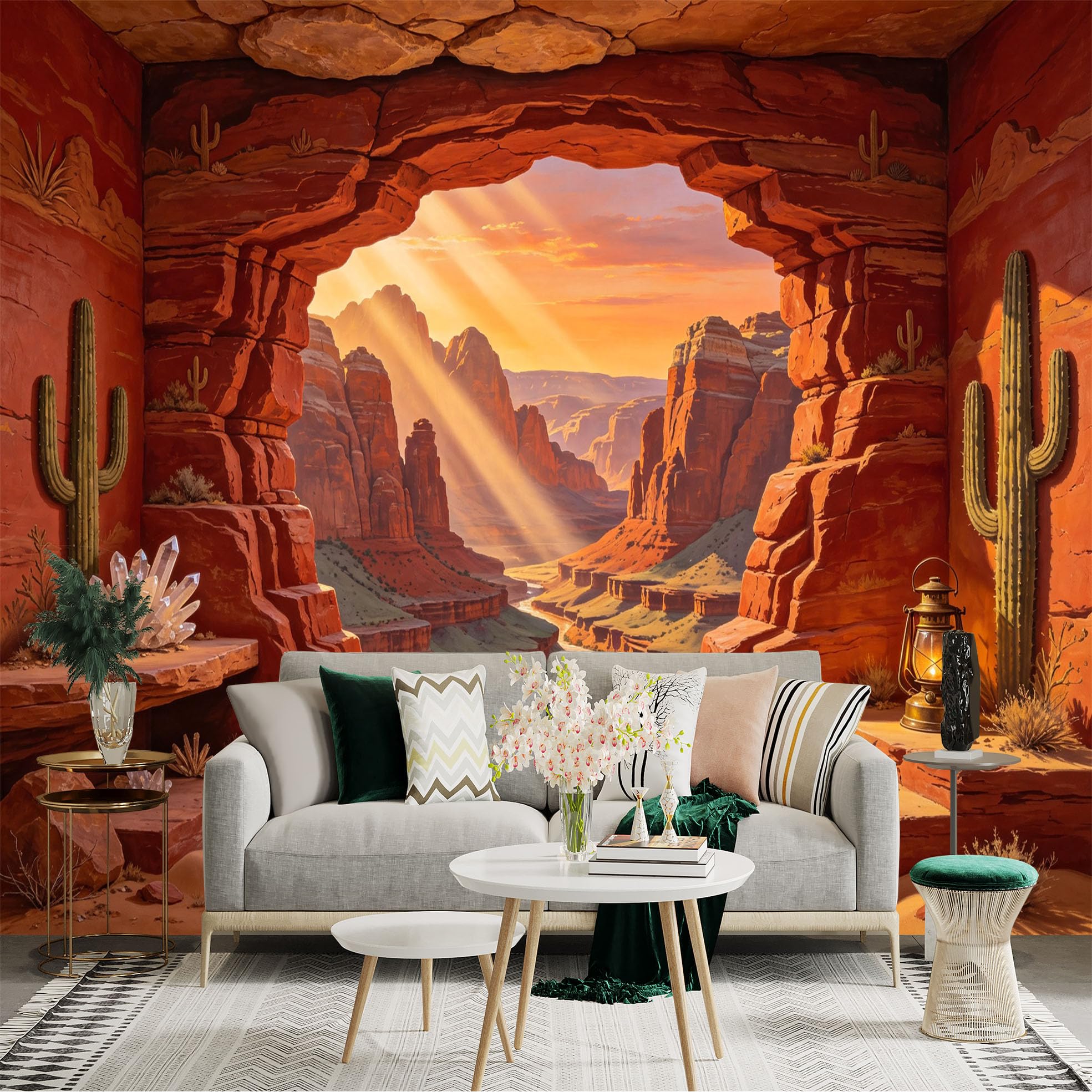 Custom Size Wall Sticker Mural， Desert Canyon Sunset with Cactus and Rock Arch， for wall Decoration， peelandstick wall Decals.
